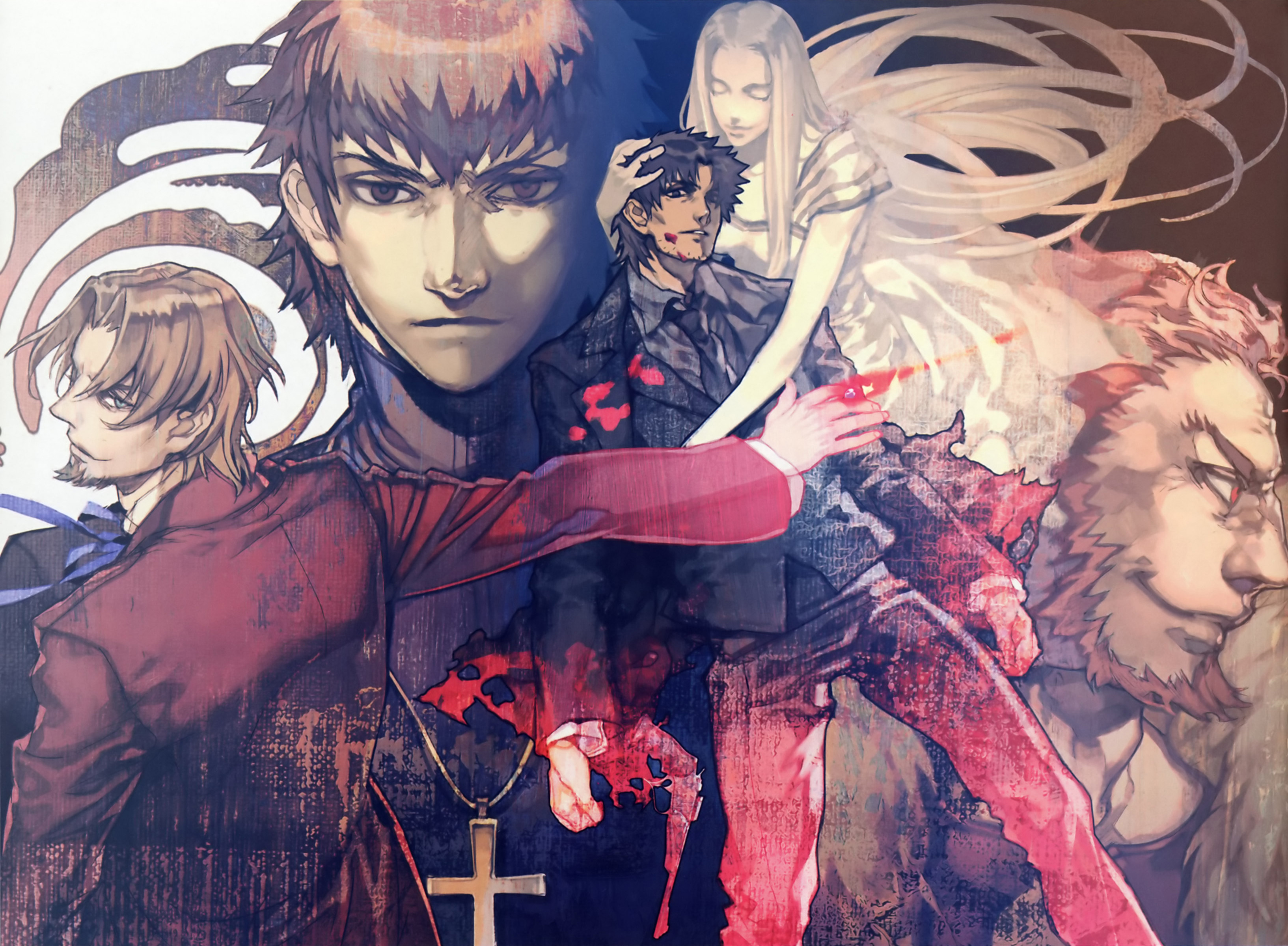 kotomine kirei, iskandar, emiya kiritsugu, irisviel von einzbern, tohsaka tokiomi, and 1 more (fate and 1 more) drawn