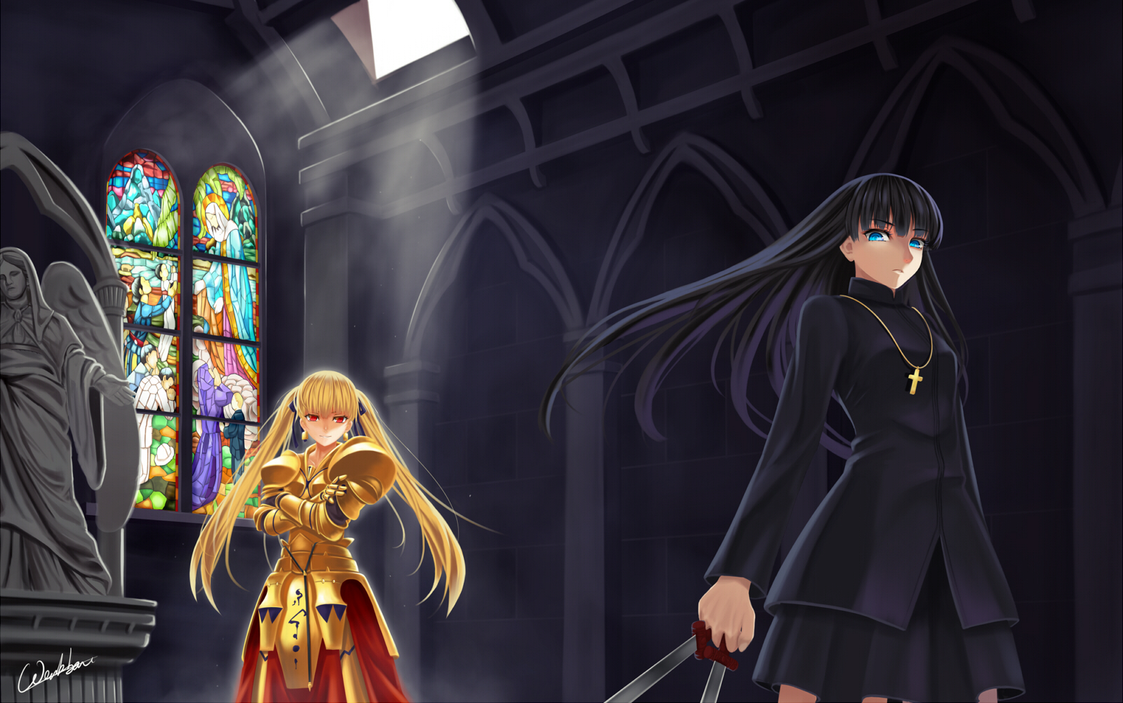 Armor black hair blonde hair fate stay night fate zero genderswap gilgamesh kotomine kirei signed werkbau wallpaperx1002