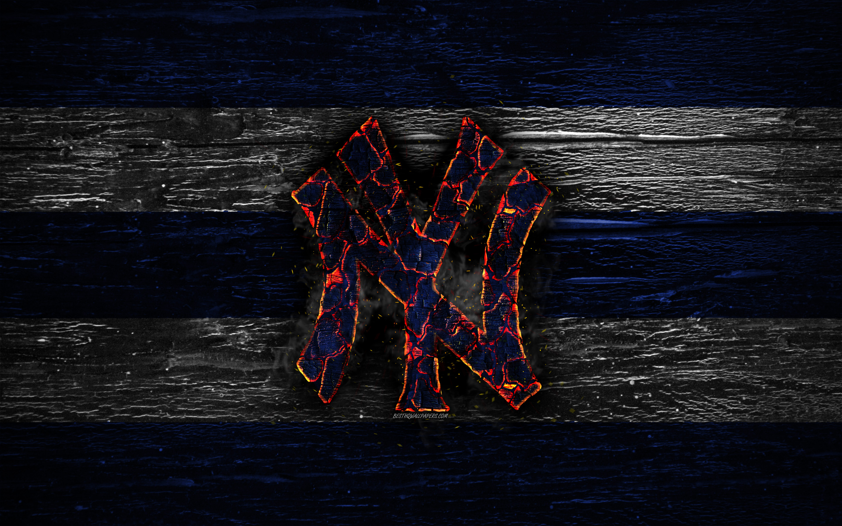 Download wallpaper New York Yankees, fire logo, MLB, blue and white lines, american baseball team, NY Yankees, grunge, baseball, New York Yankees logo, wooden texture, USA for desktop with resolution 2880x1800. High