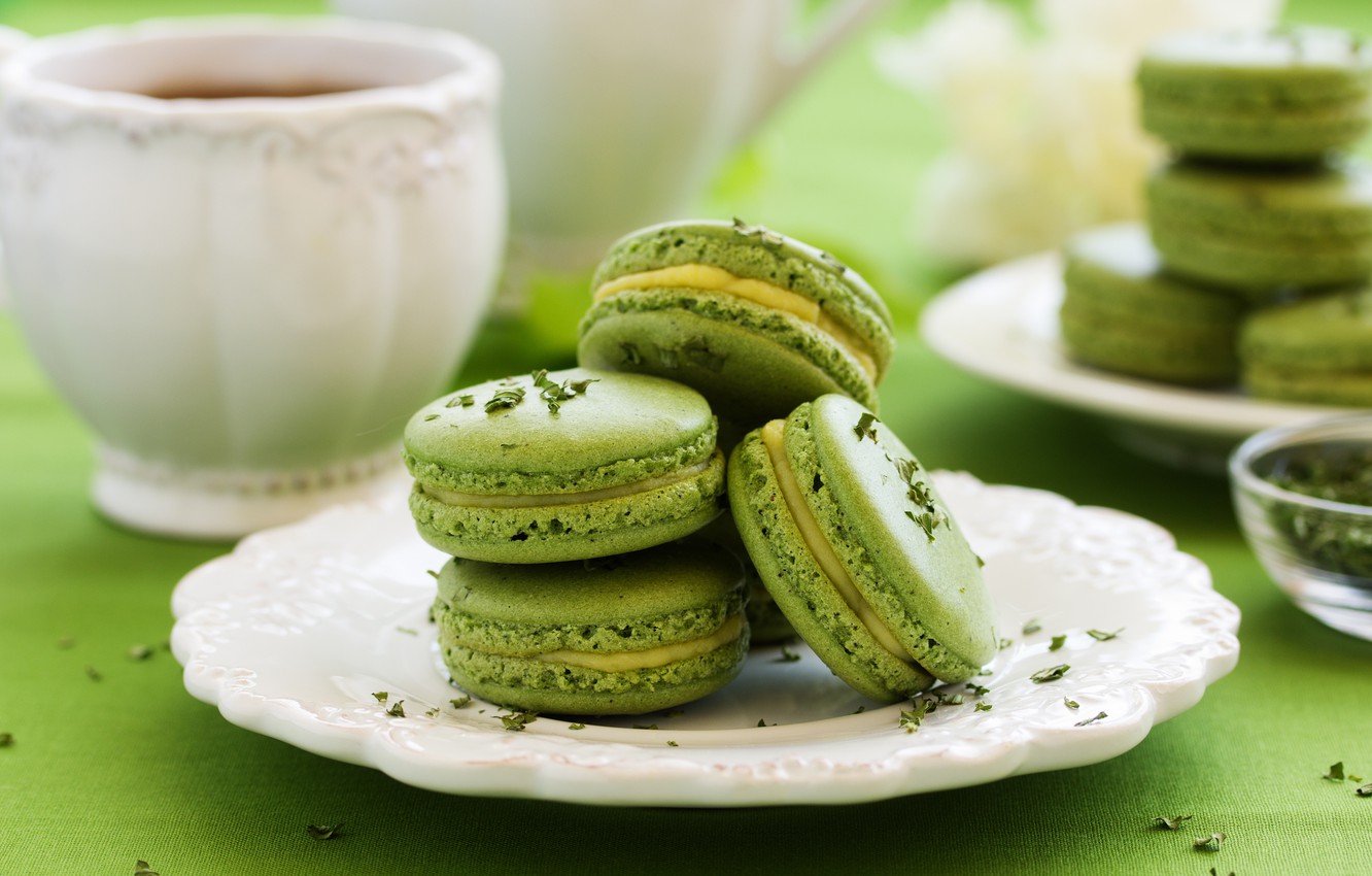 Wallpaper green, tea, cake, macaroon image for desktop, section еда