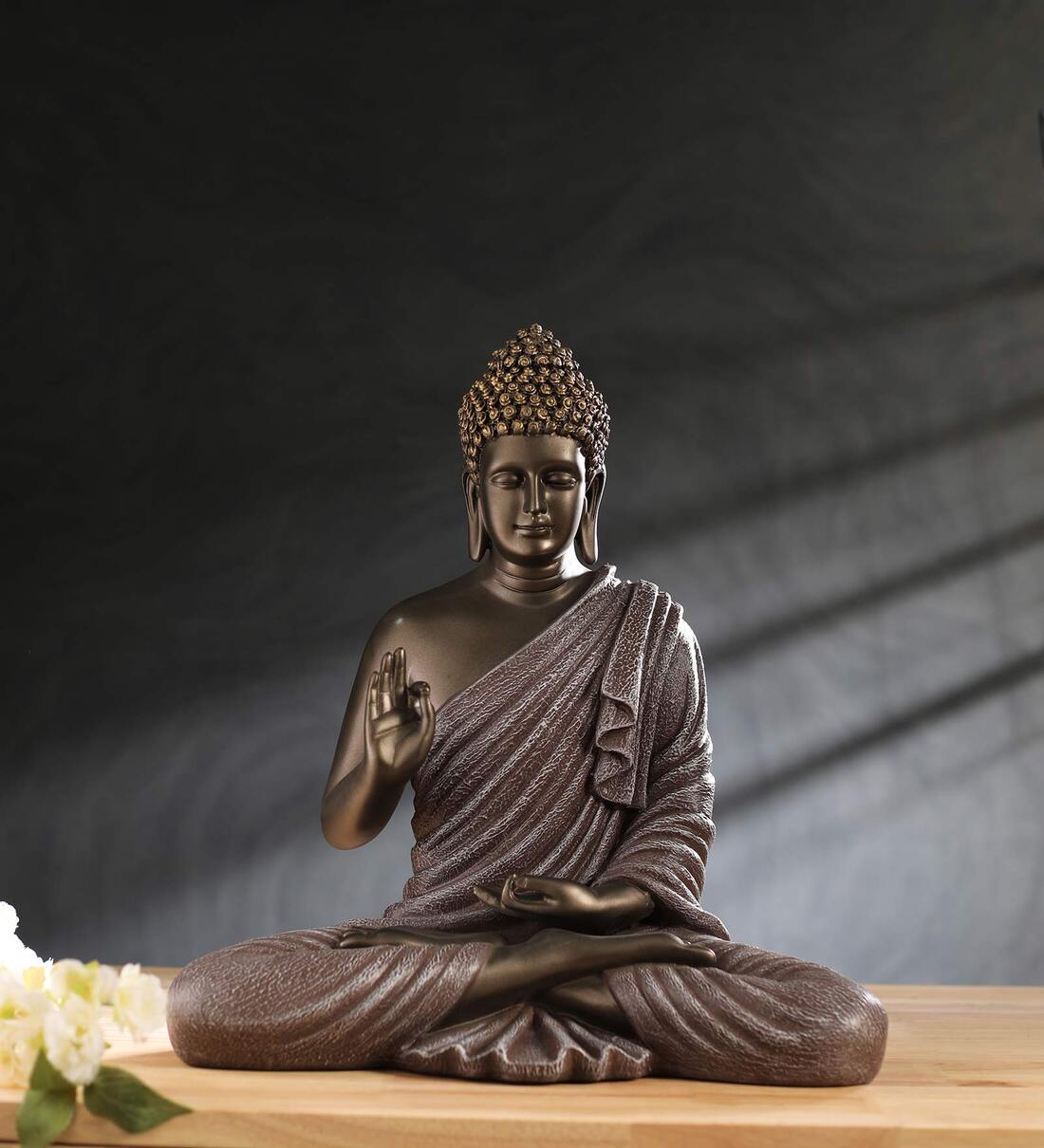 Buy Polyresin Grey & Bronze Blessing Buddha 15 Inch By Tansha Quo Online Idols