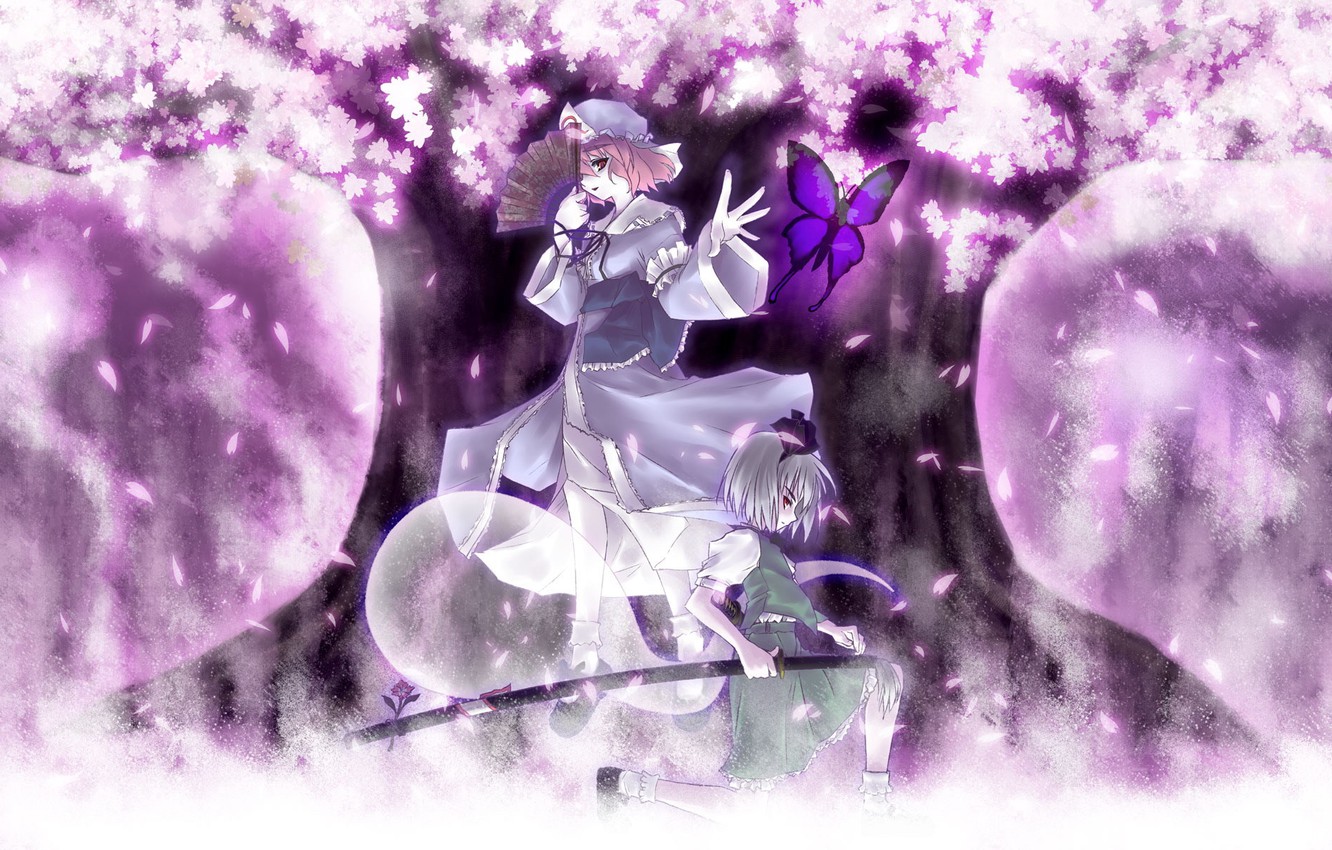Wallpaper girls, butterfly, katana, Konpaku Youmu, Touhou, TouHou, Saigyouji Yuyuko image for desktop, section прочее