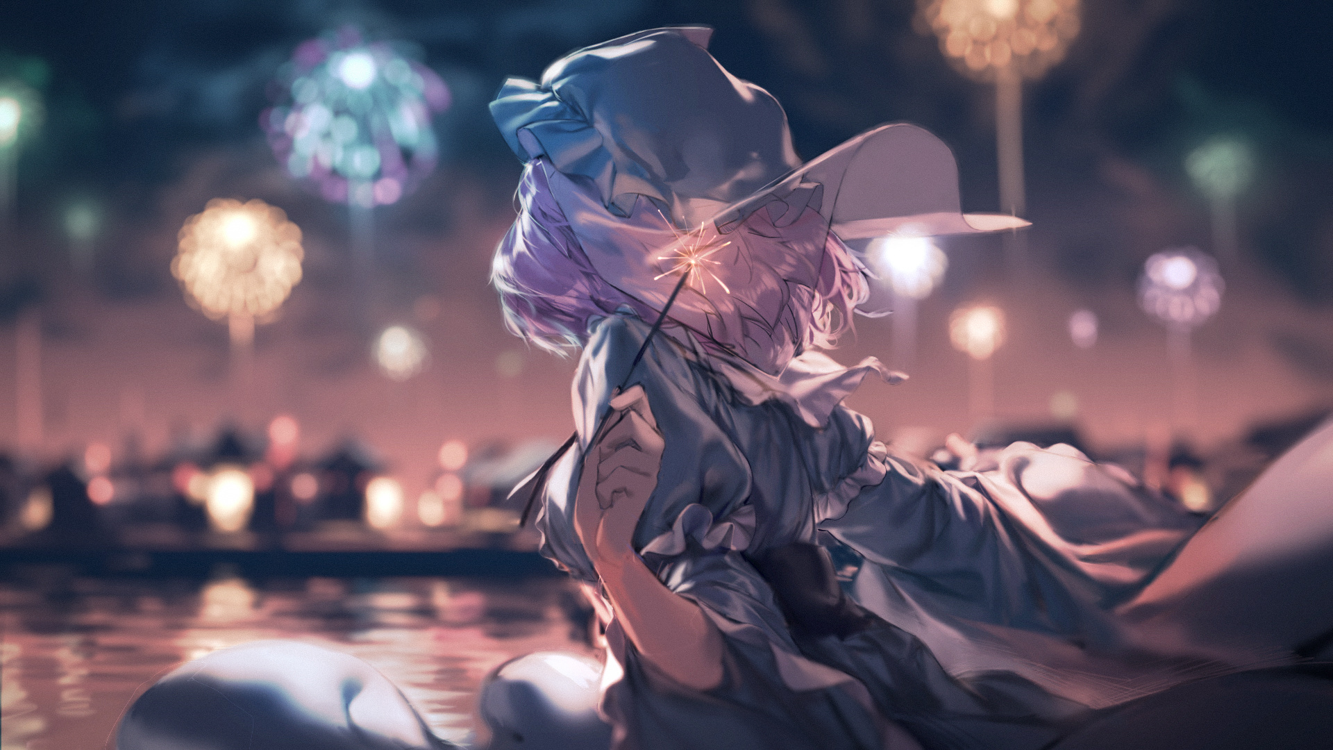Desktop Wallpaper Yuyuko Saigyouji, Touhou, Enjoying Fireworks, Anime Girl, HD Image, Picture, Background, 6a32af