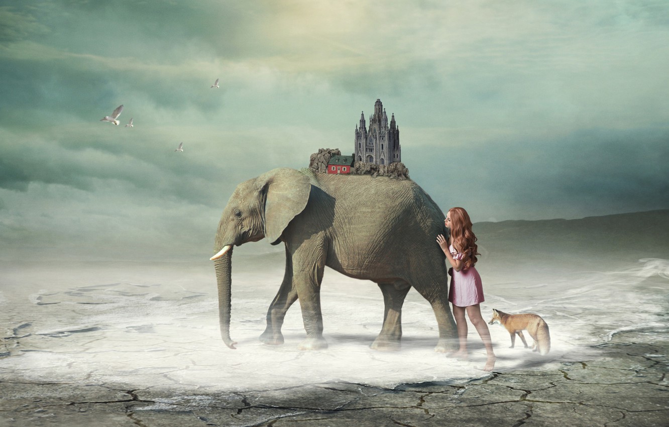 Wallpaper girl, fantasy, elephant, art, Fox image for desktop, section ситуации