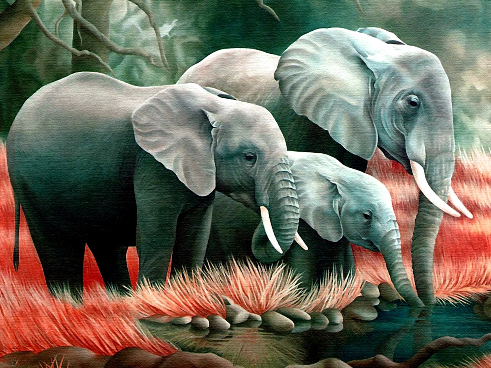 Elephant Drinking Water Nice Painting Wallpaper