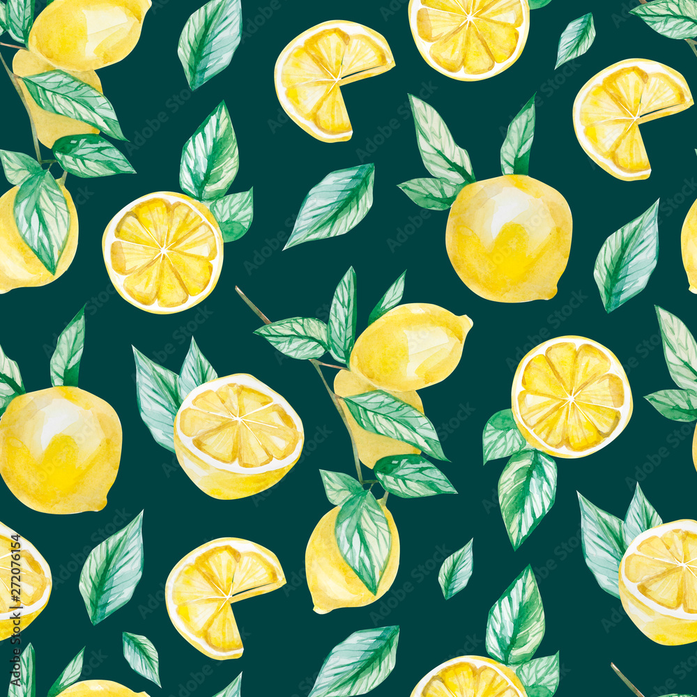 Watercolor fruit pattern lemon, summer print for the textile fabric, wallpaper, poster background on color background Stock Illustration