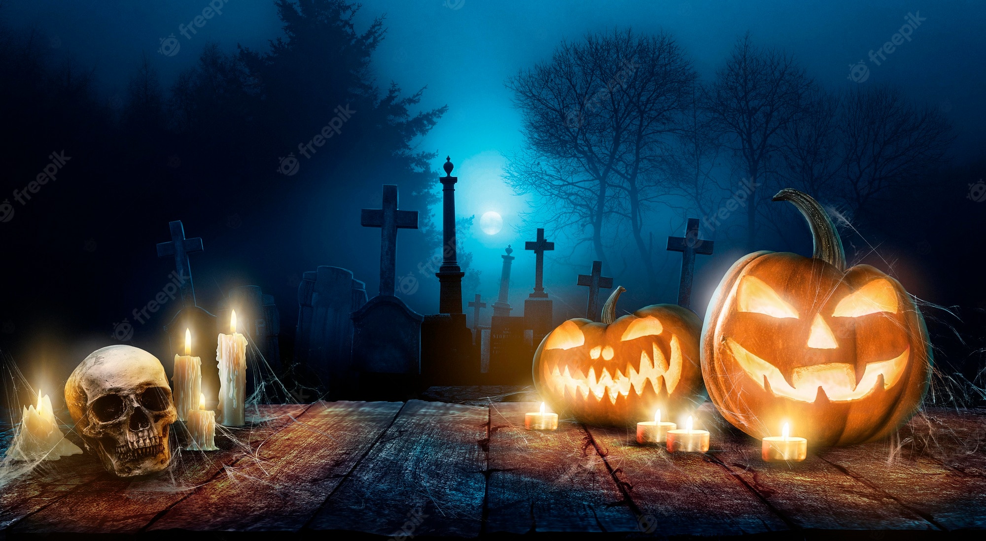 Premium Photo. Halloween wallpaper with evil pumpkins