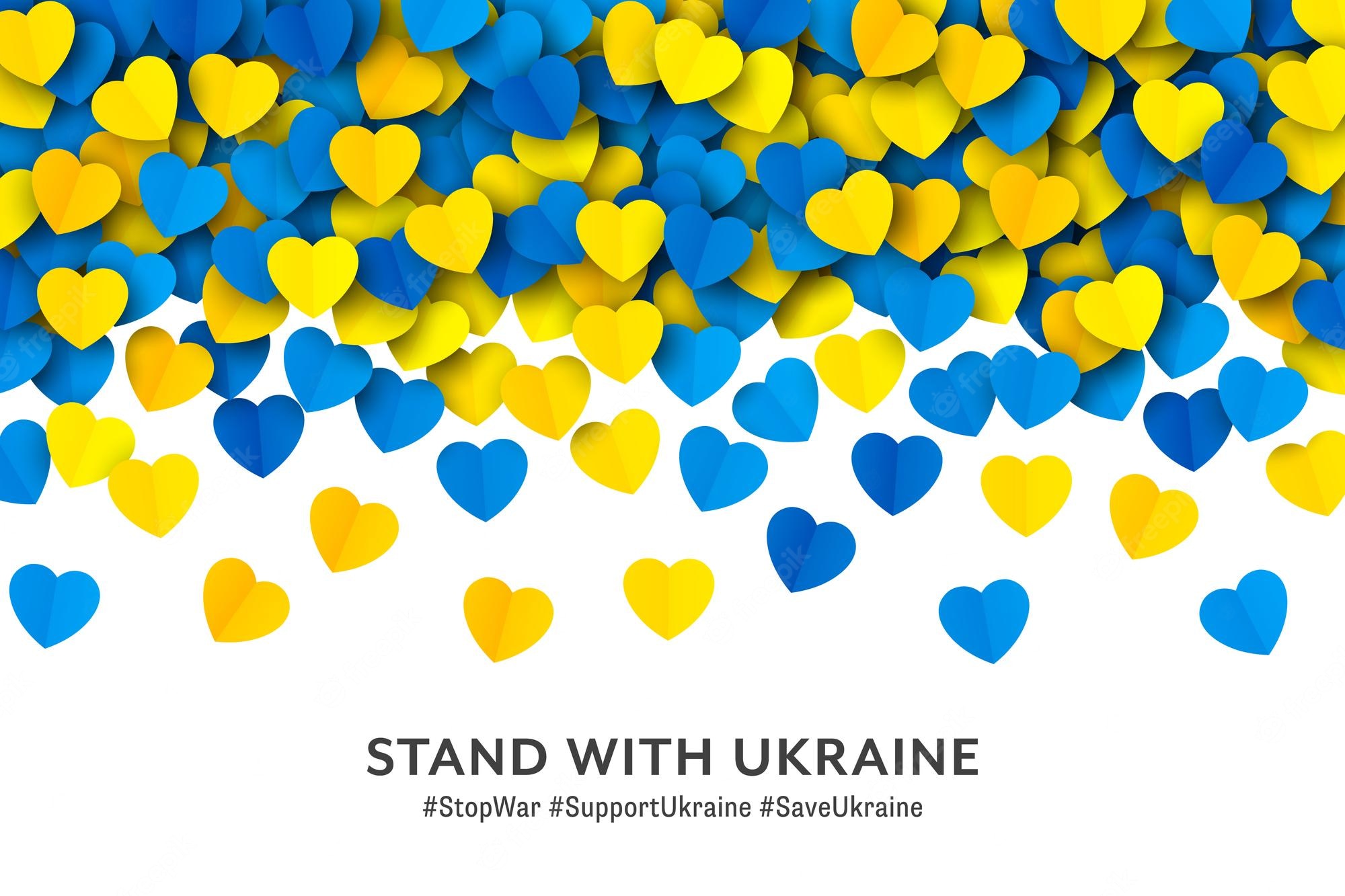 Premium Vector. Stand with ukraine vector falling yellow blue paper hearts border isolated on white background pray and stay solidarity with ukraine vector wallpaper ukrainian national flag colours abstract artwork