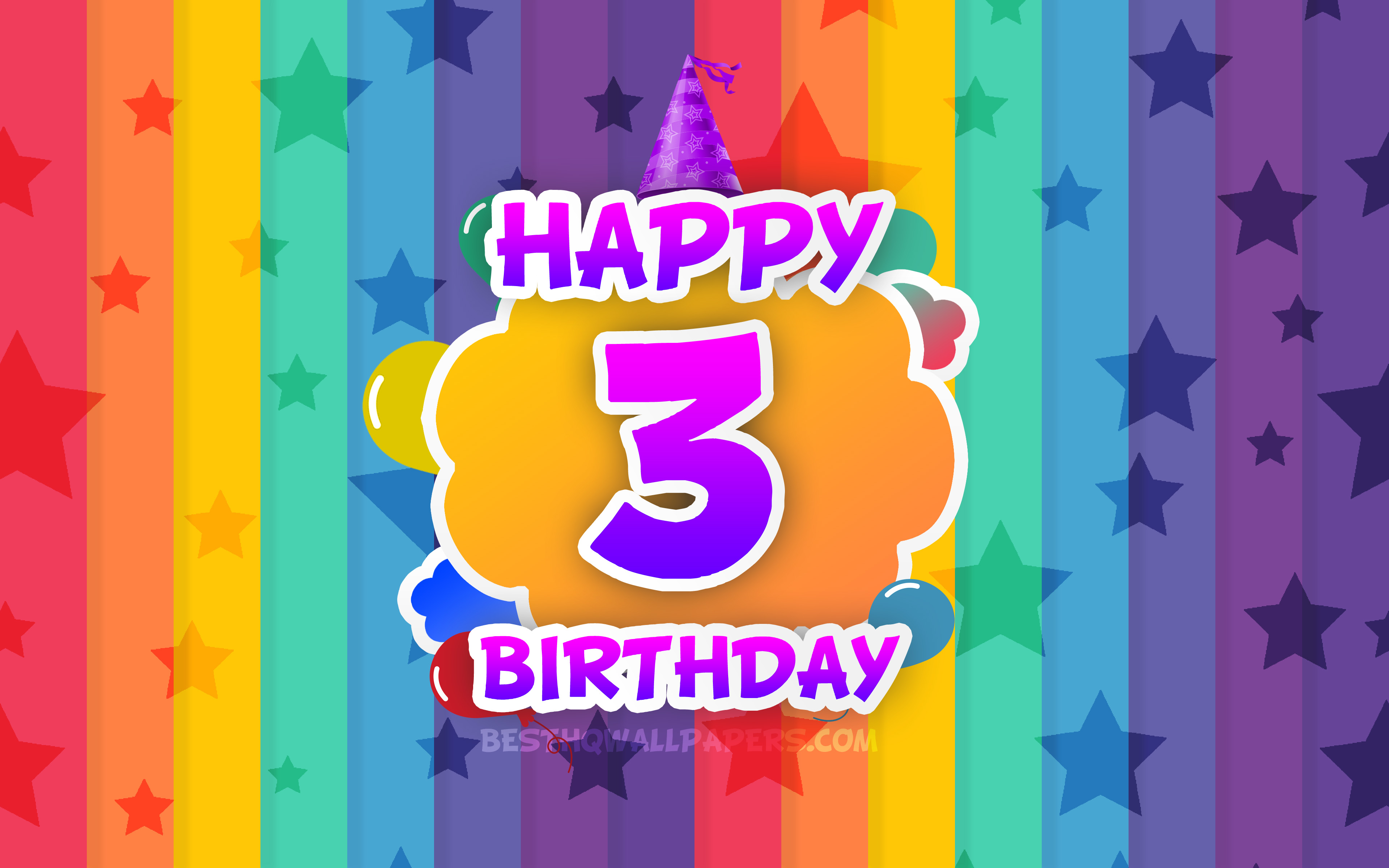 Download wallpaper Happy 3rd birthday, colorful clouds, 4k, Birthday concept, rainbow background, Happy 3 Years Birthday, creative 3D letters, 3rd Birthday, Birthday Party, 3rd Birthday Party for desktop with resolution 3840x2400. High