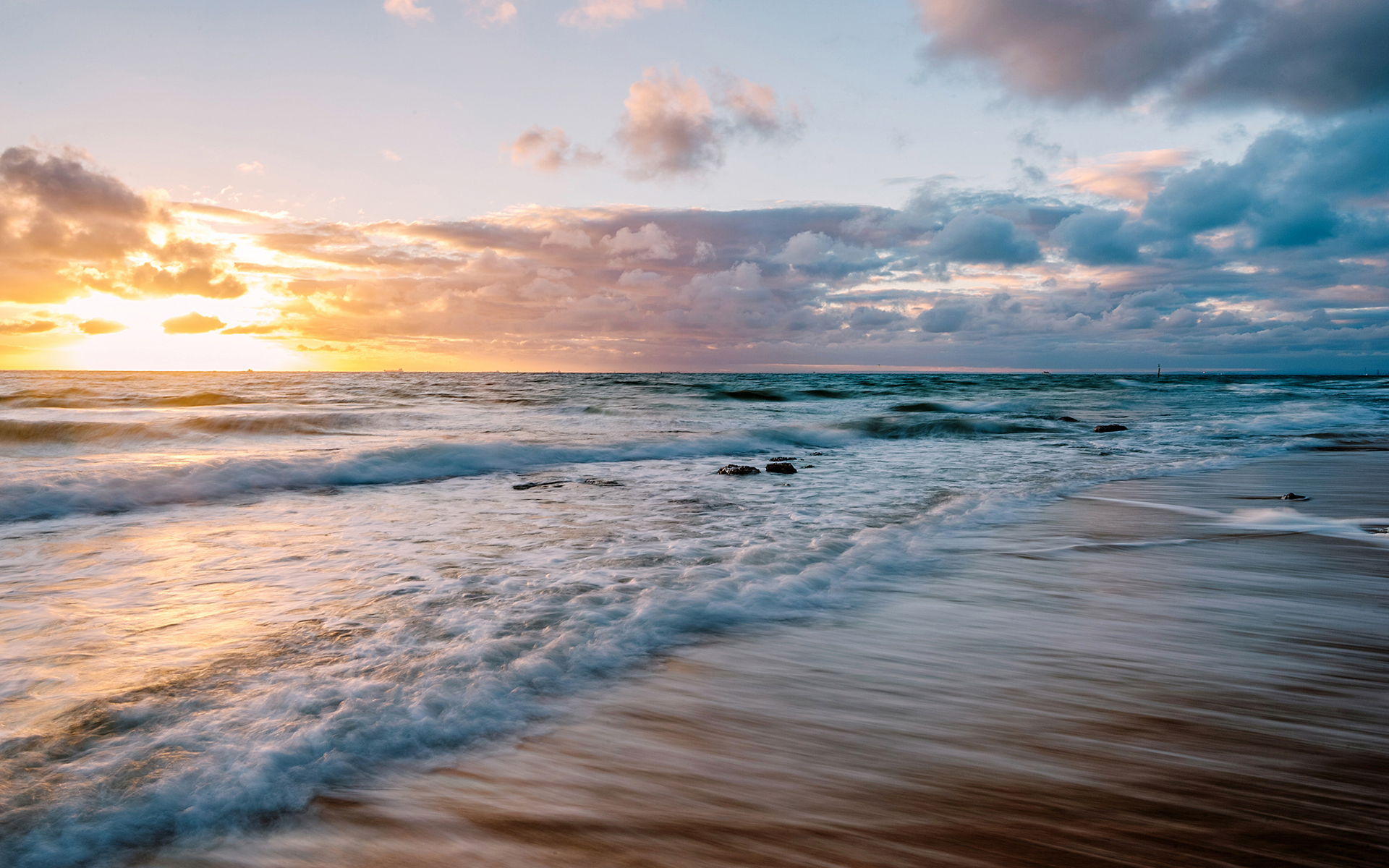 beach clouds ocean sea sunset Surf waves HD