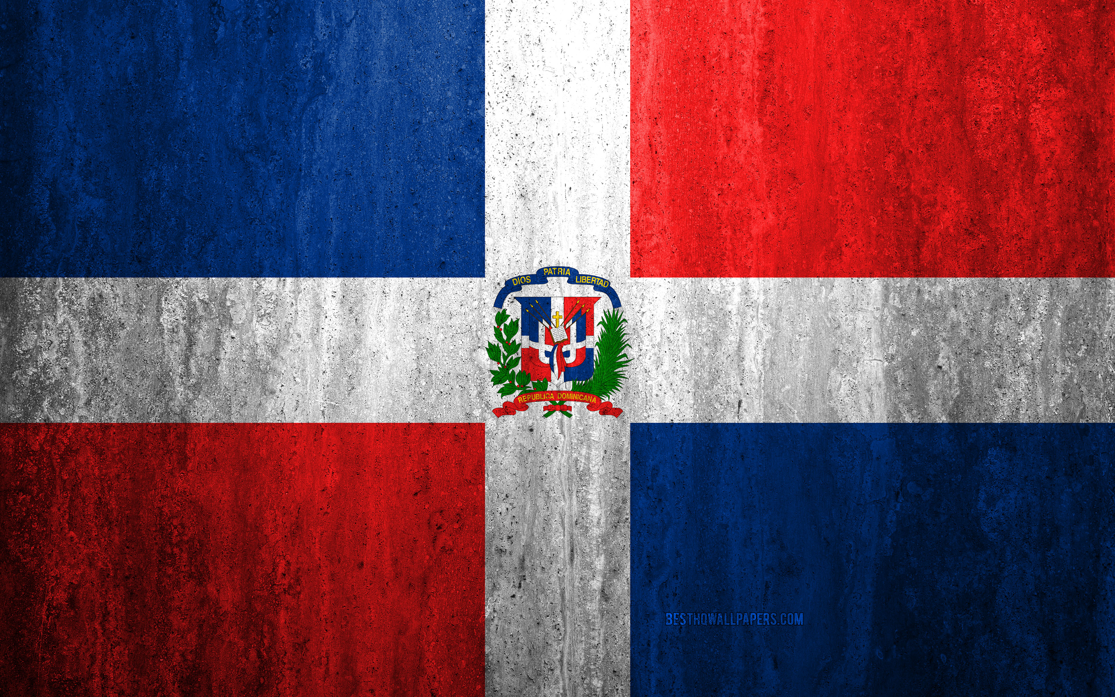 Download wallpaper Flag of Dominican Republic, 4k, stone background, grunge flag, North America, Dominican Republic flag, grunge art, national symbols, Dominican Republic, stone texture for desktop with resolution 3840x2400. High Quality HD
