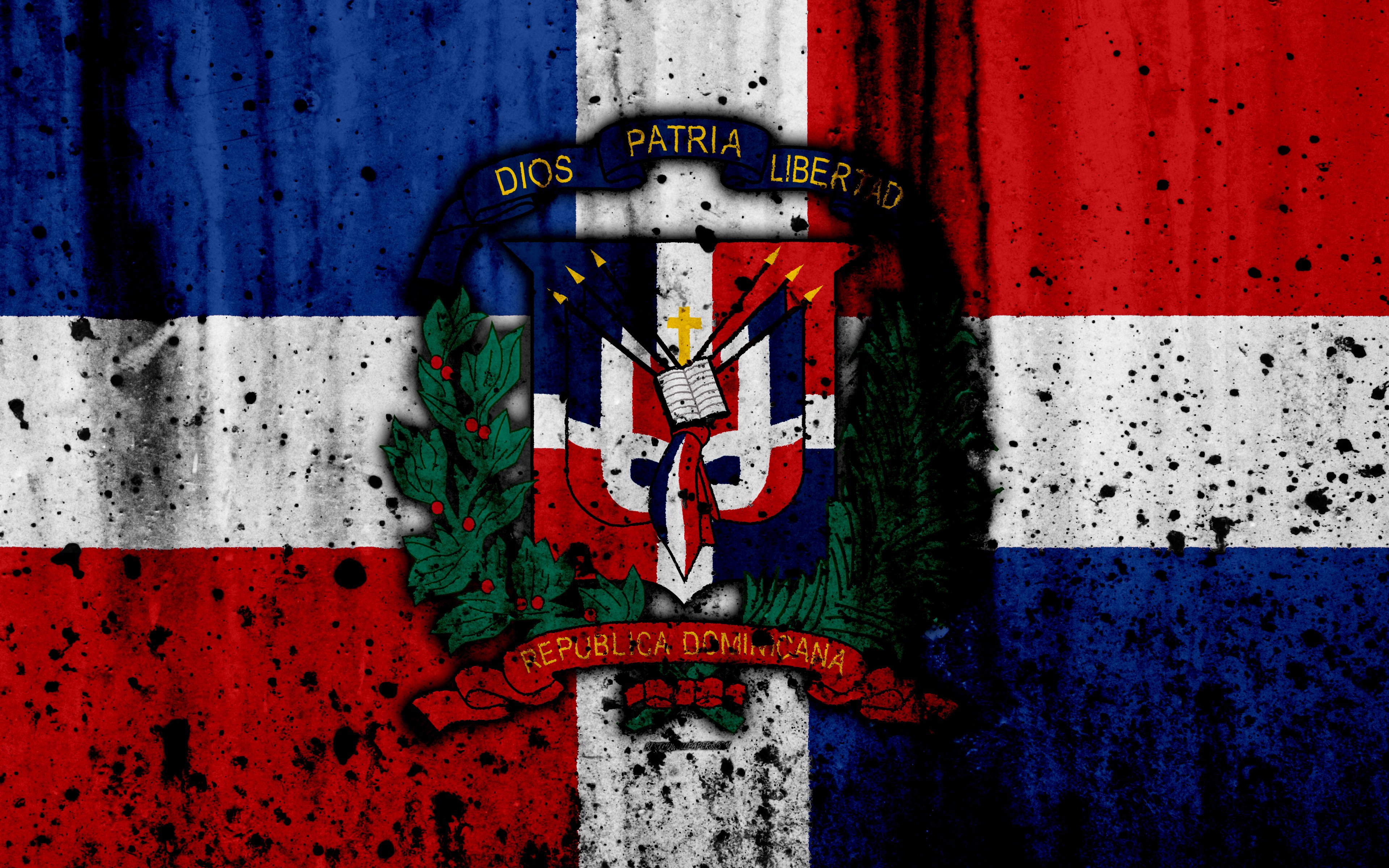 Download wallpaper Dominican Republic flag, 4k, grunge, North America, national symbols, Dominican Republic, coat of arms Dominican Republic, national emblem for desktop with resolution 3840x2400. High Quality HD picture wallpaper