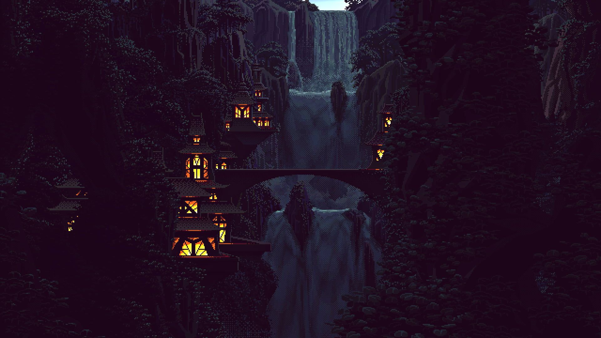 silhouette of forest near body of water during nighttime digital art pixel art #pixels -bit #nature #waterfall #tr. Art wallpaper, Pixel art, Water illustration