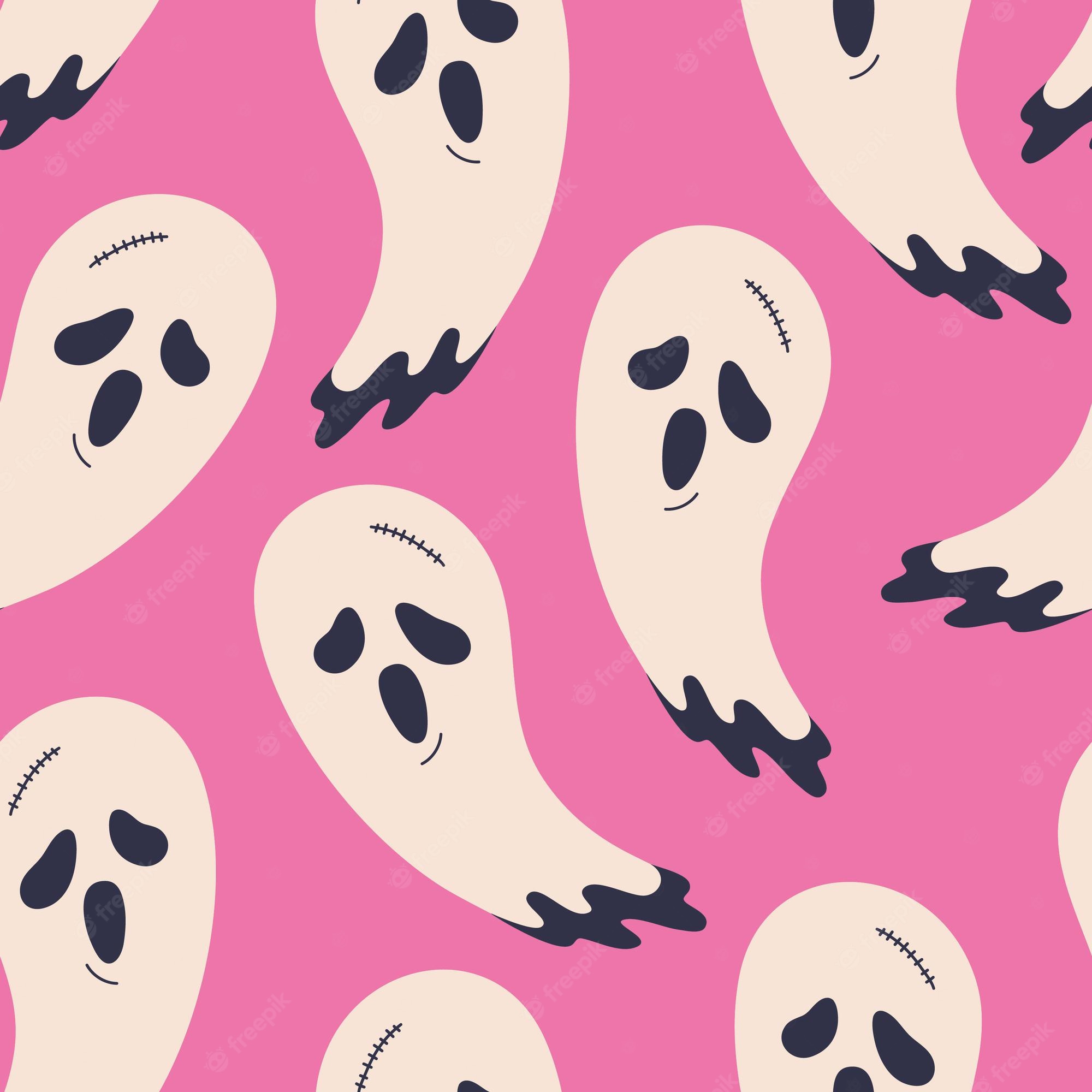 Premium Vector. Halloween cute ghosts seamless pattern. spooky characters with angry face print. creepy vector repeat wallpaper in doodle flat cartoon style. scary holiday, pink background for textile, paper or cards