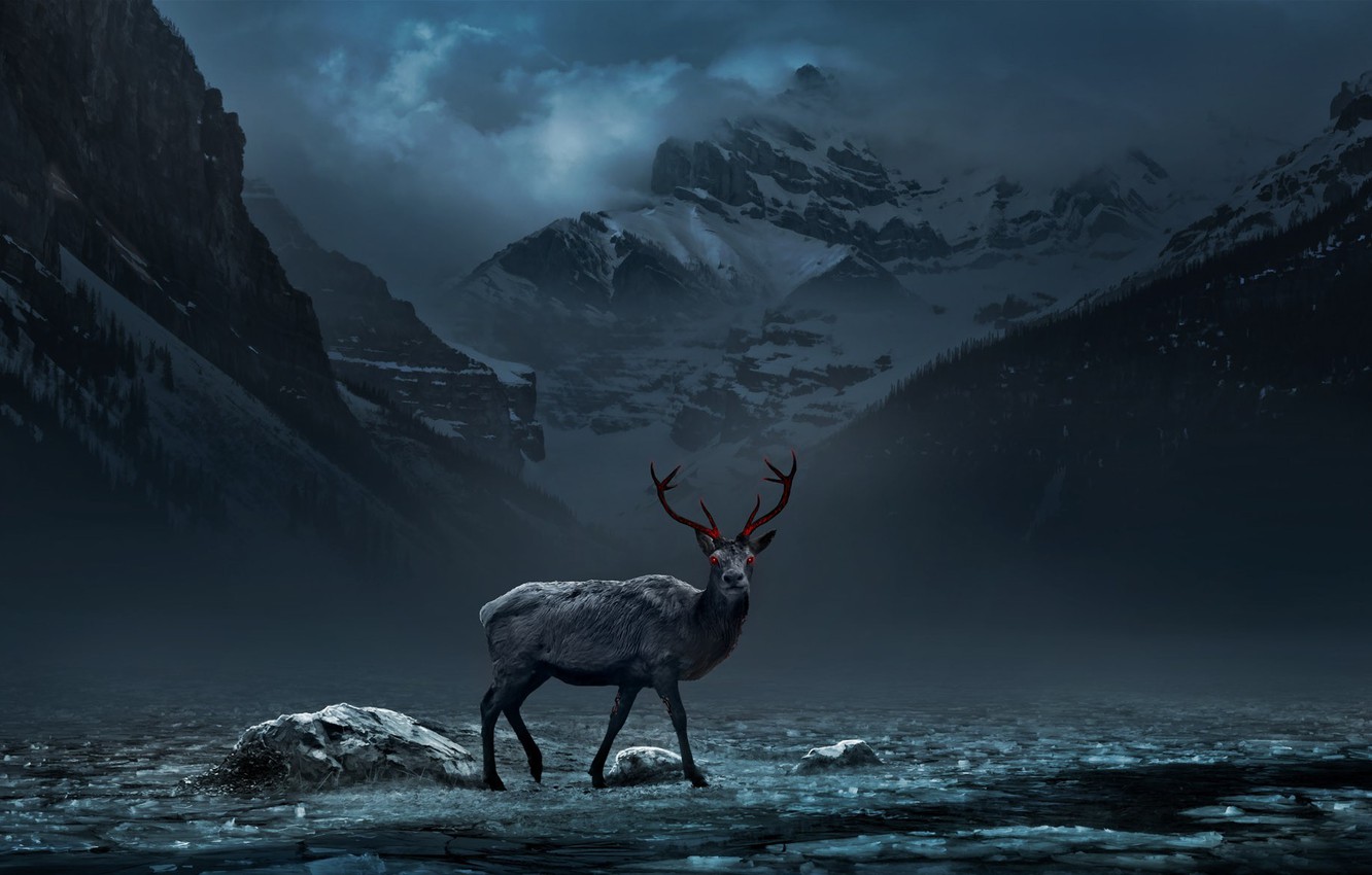 Wallpaper snow, mountains, radiation, deer, art, red eyes, alexiuss, nuclear winter image for desktop, section рендеринг