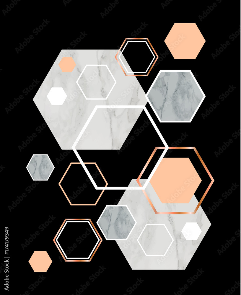 Black background with marble rose gold hexagons. Geometric print for your card, , business, brochure. Trendy poster for textile, fabric, web, wallpaper, poster, home design, office design Stock Vector