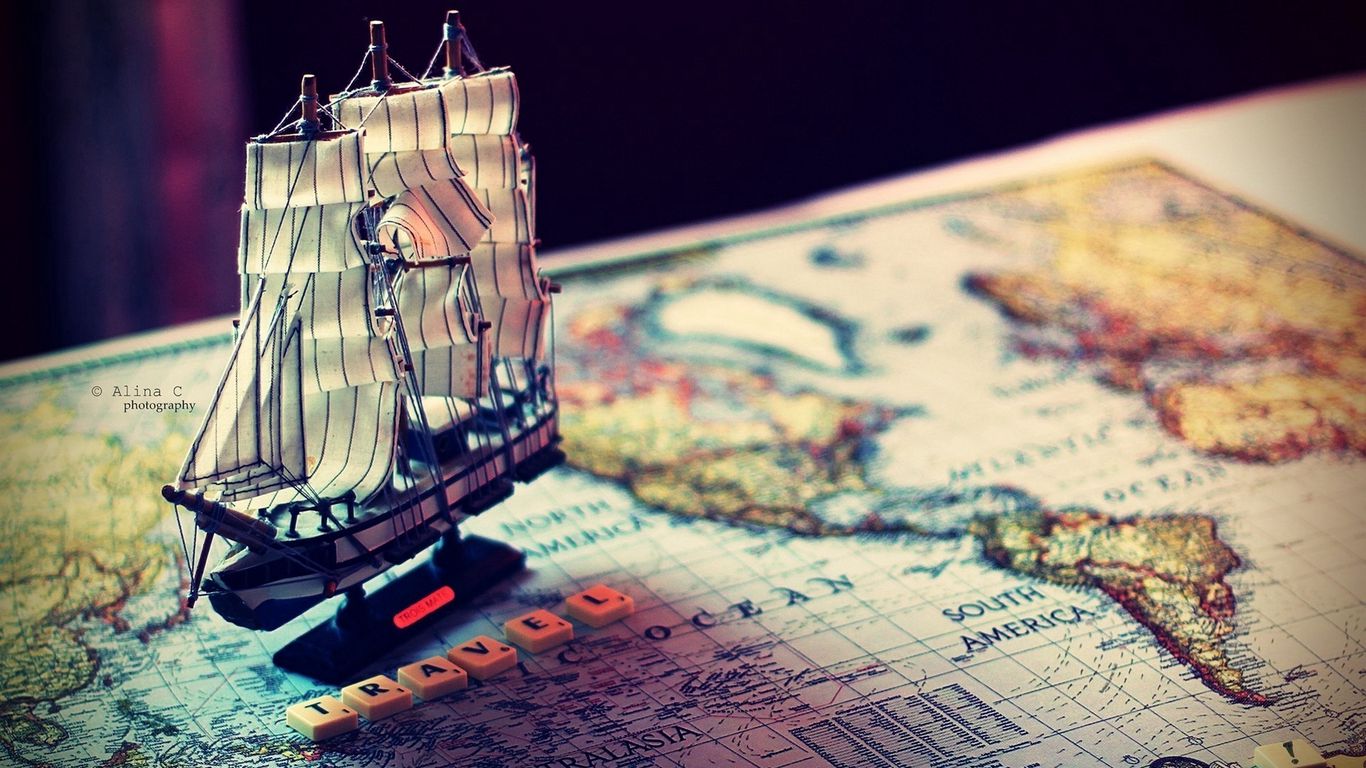 Download wallpaper 1366x768 ship, map, world, souvenir tablet, laptop HD background