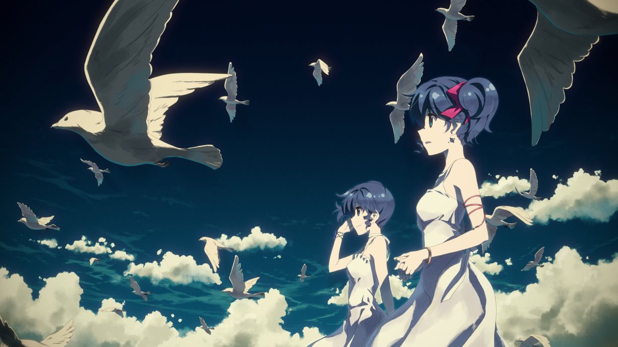 Anime girls bird animal sky fly clouds blue wallpaperx2160
