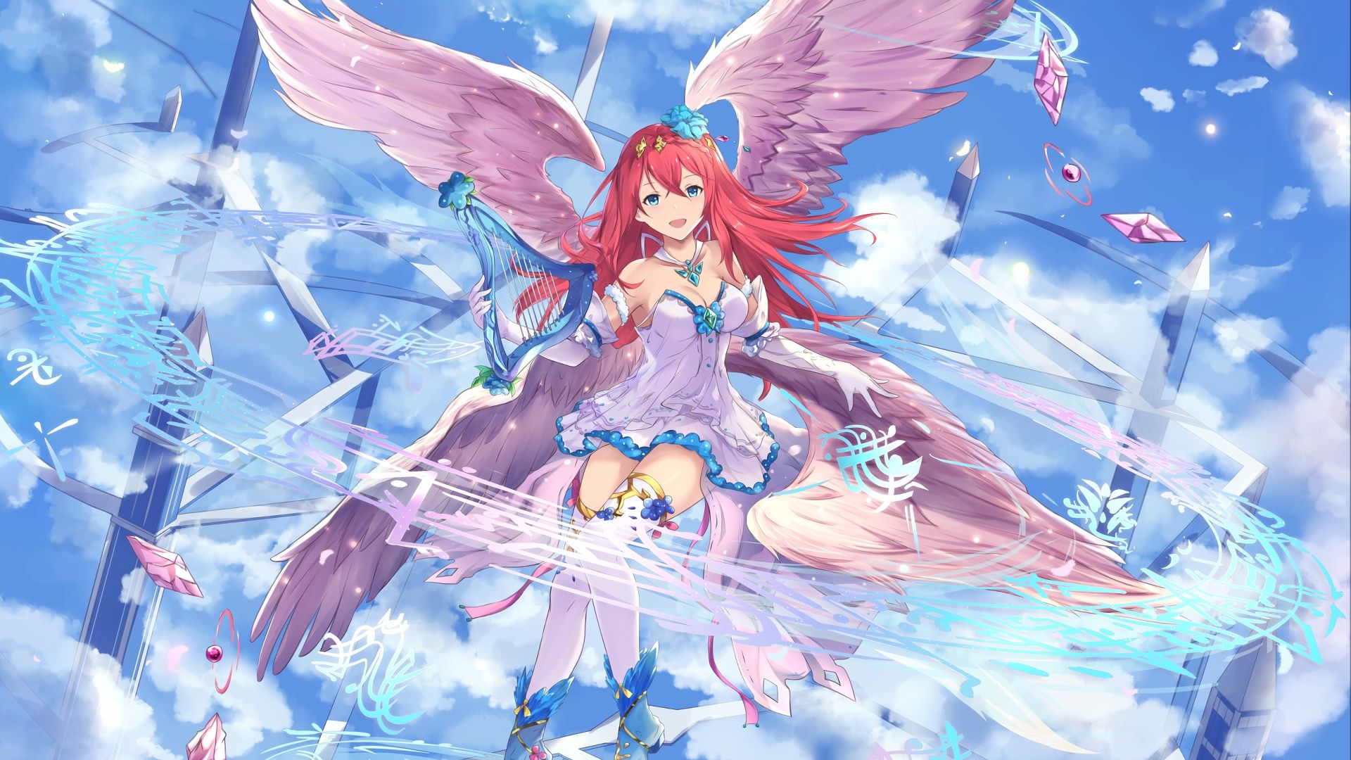 Desktop Wallpaper Red Head, Anime Girl, Wings, Fly, HD Image, Picture, Background, Adhmrt