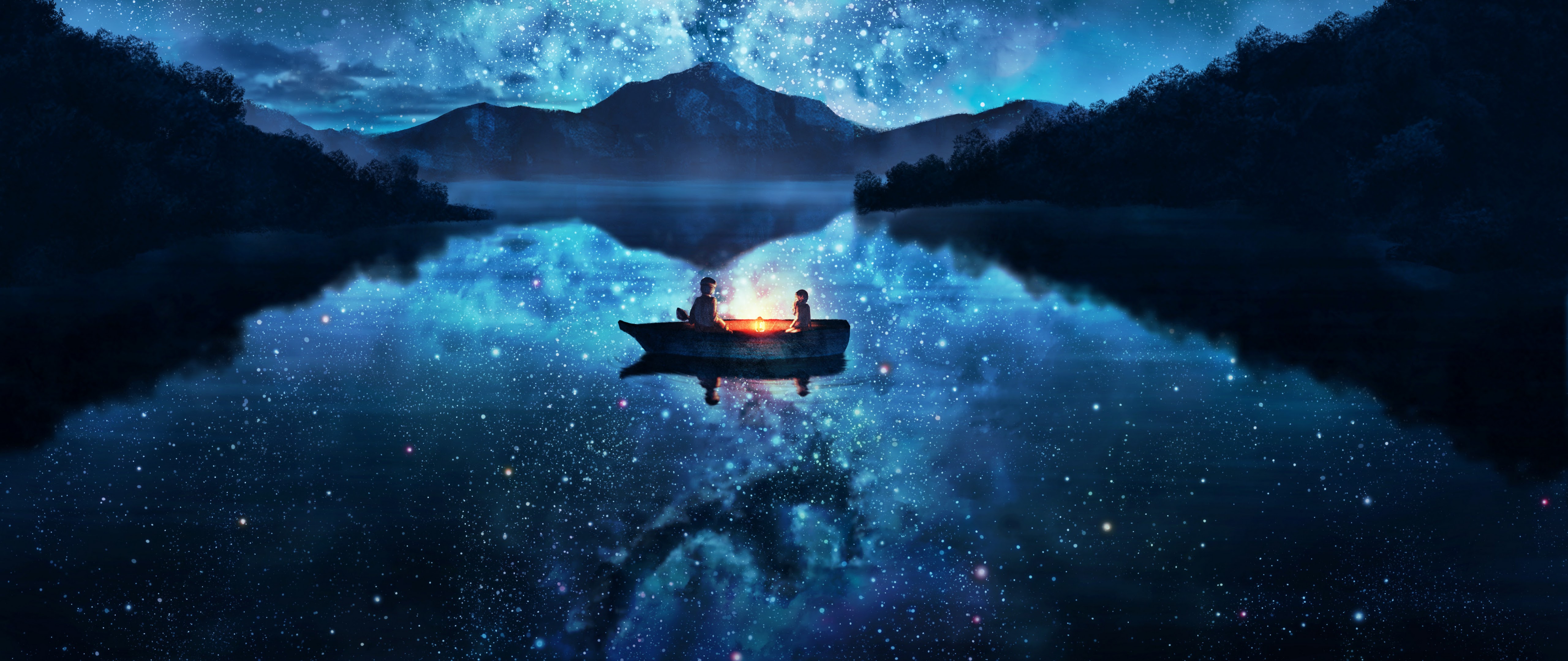 Anime Scenery Lake Night Stars 4K Wallpaper