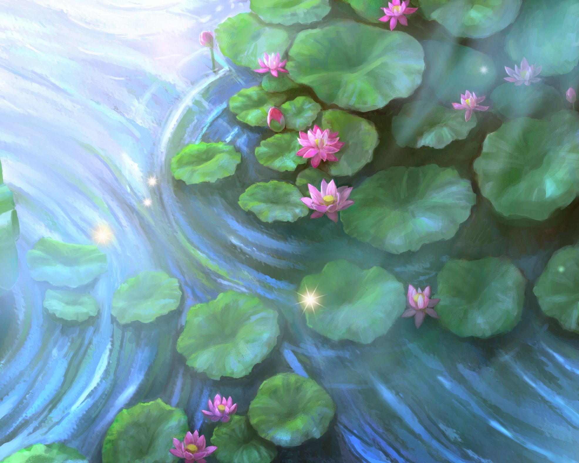 Anime Lotus Pond wallpaper free. Pond painting, Gold fish painting, Painting