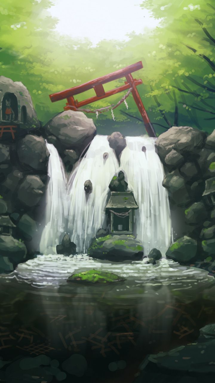 Original, anime, artwork, water current, 720x1280 wallpaper. Waterfall art, Waterfall, Beautiful waterfalls