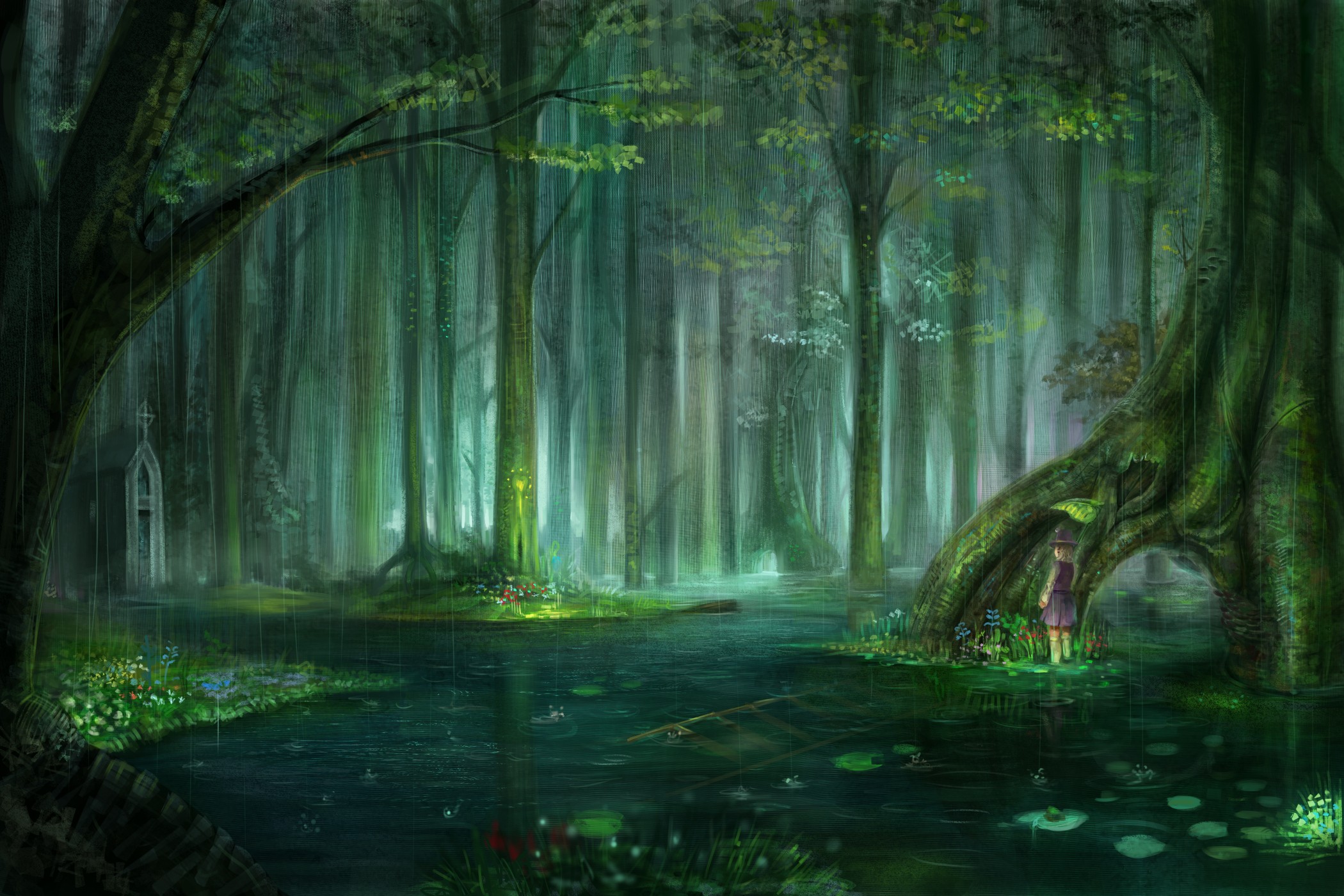 Blondes water landscapes nature touhou trees rain flowers forest leaves pond plants short hair scenic moriya suwako chapel anime raindrops lakes water lilies temple ladder hats anime girls wallpaperx1400