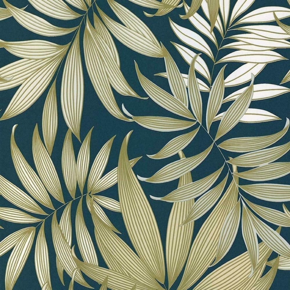 Grandeco Vogue Metallic Tropical Forest Palm Leaves Dark Teal Gold Wallpaper A45303