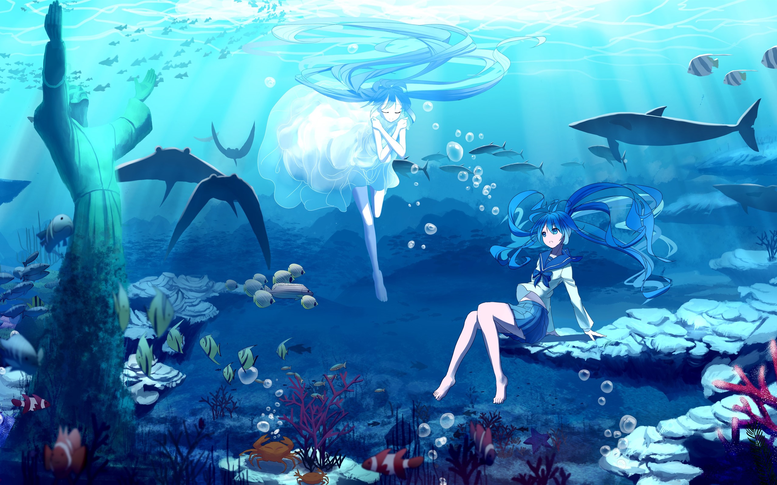 Wallpaper Hatsune Miku, blue hair anime girls, underwater, sea, fish 3840x2160 UHD 4K Picture, Image