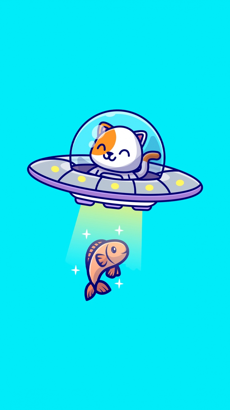 Cute Cat Wallpaper 4K, Flying cat, UFO, Fish, Spaceship, Aqua blue, Cute
