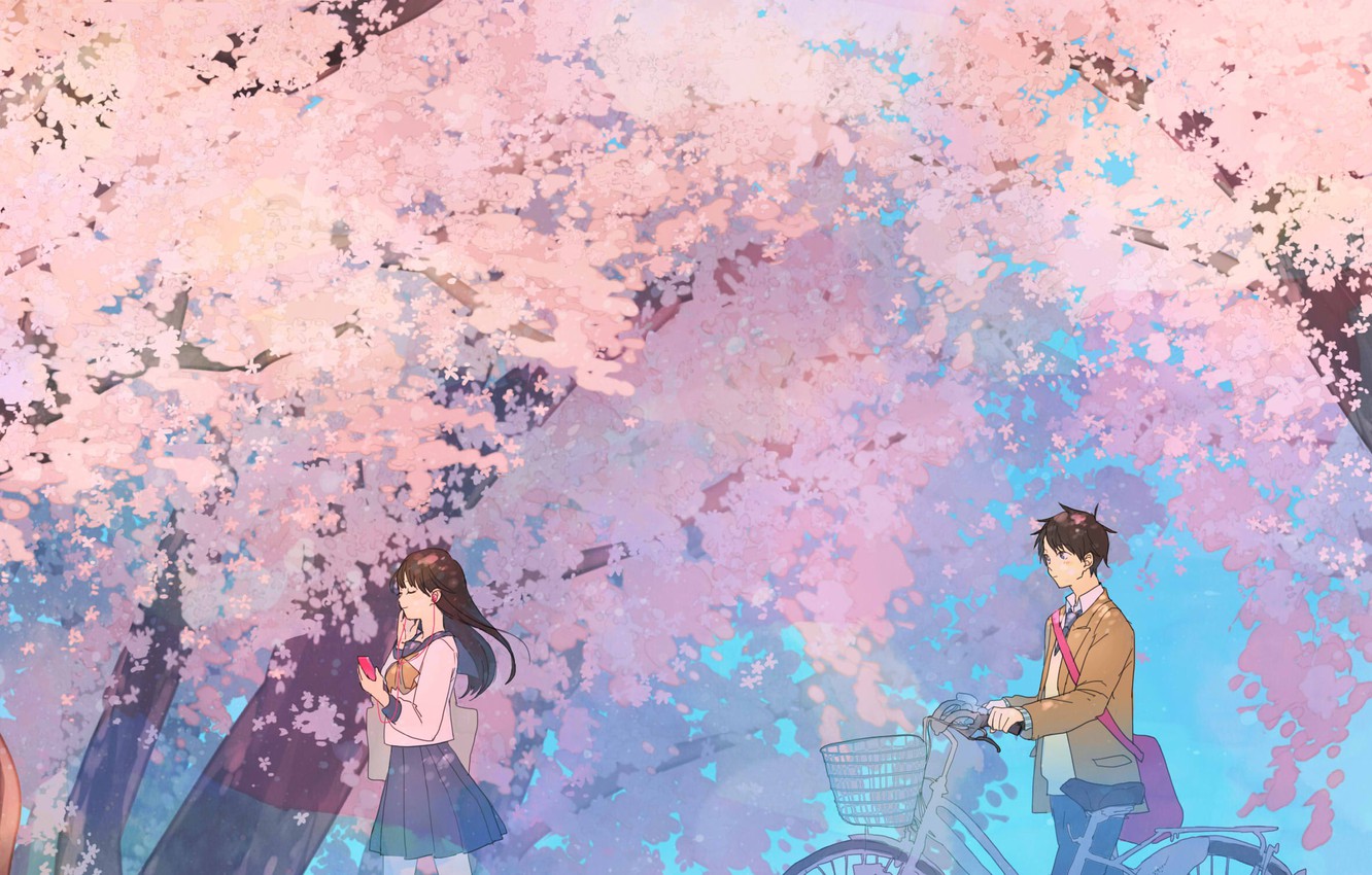 Wallpaper spring, Sakura, students, quic image for desktop, section арт