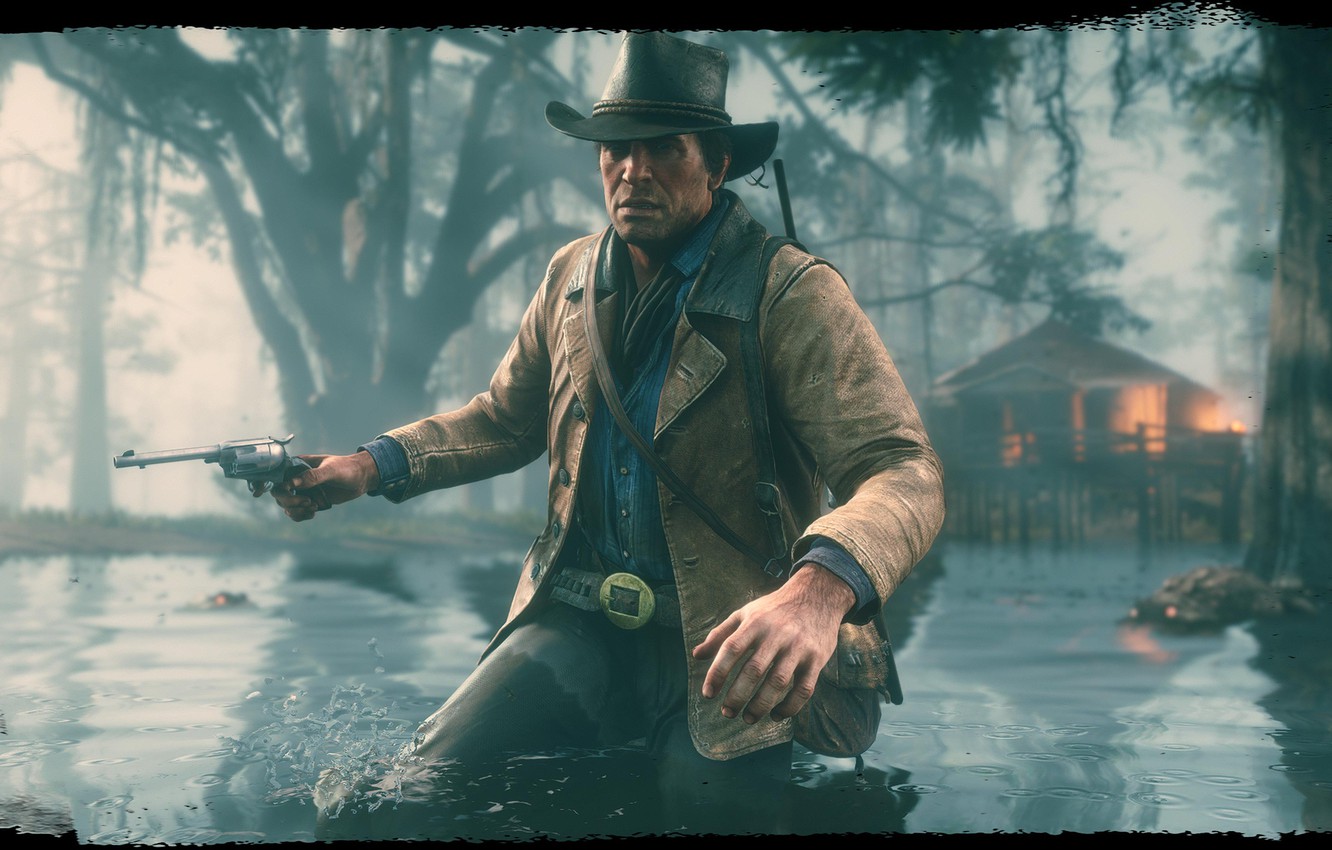 Wallpaper hat, revolver, swamp, Rockstar, Bandit, Red Dead Redemption 2, Arthur Morgan image for desktop, section игры