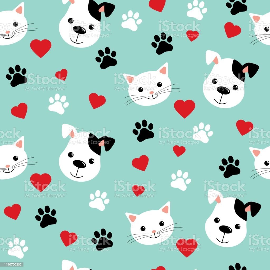 Seamless Pattern With Cute Cats And Dogs Lovely Vector Illustration And Design For Fabrics Textile Wallpaper And Background For Kids Green Background Stock Illustration Image Now