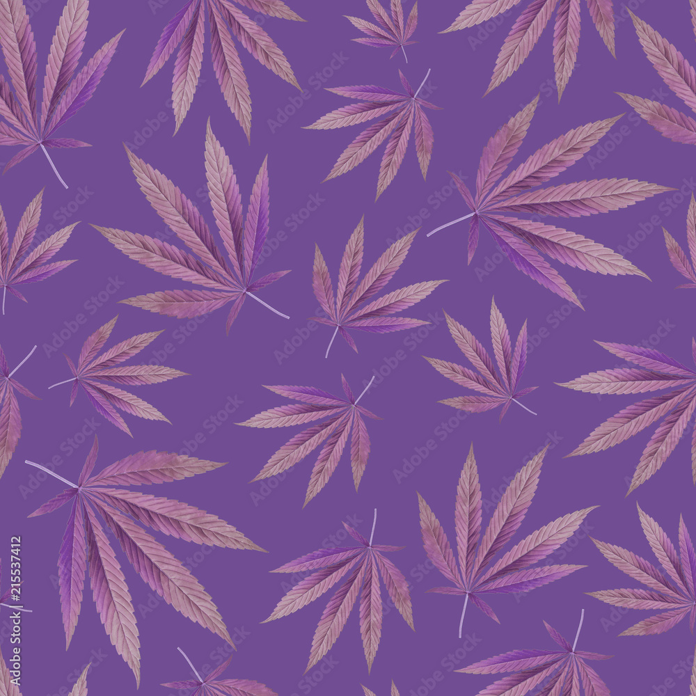 Seamless pattern with Marijuana, weed, dope leaves. purple Background texture. Textile, Wallpaper concept Stock Illustration