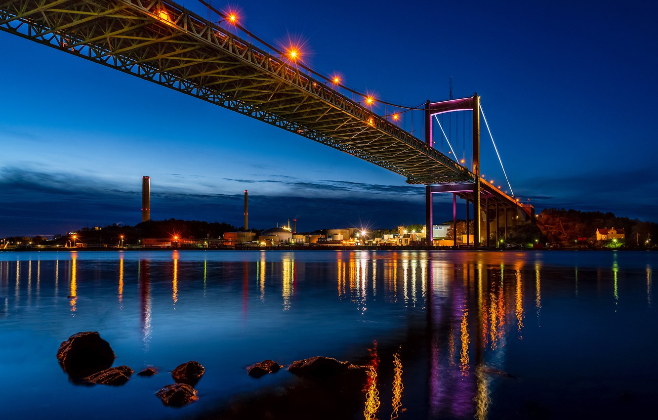 Wallpaper night, bridge, lights, river, stones, shore, home, lights, Sweden, Gothenburg image for desktop, section город