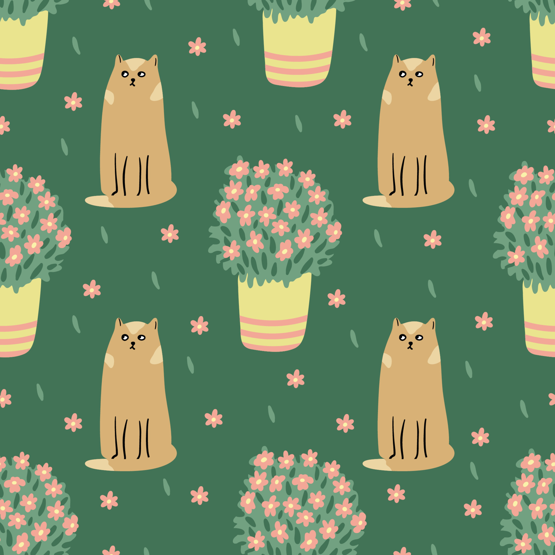 Cute cats and blooming houseplants seamless pattern on dark green. Hand drawn flat vector illustration. Potted plants and pets. Great for fabrics, wrapping papers, wallpaper, covers