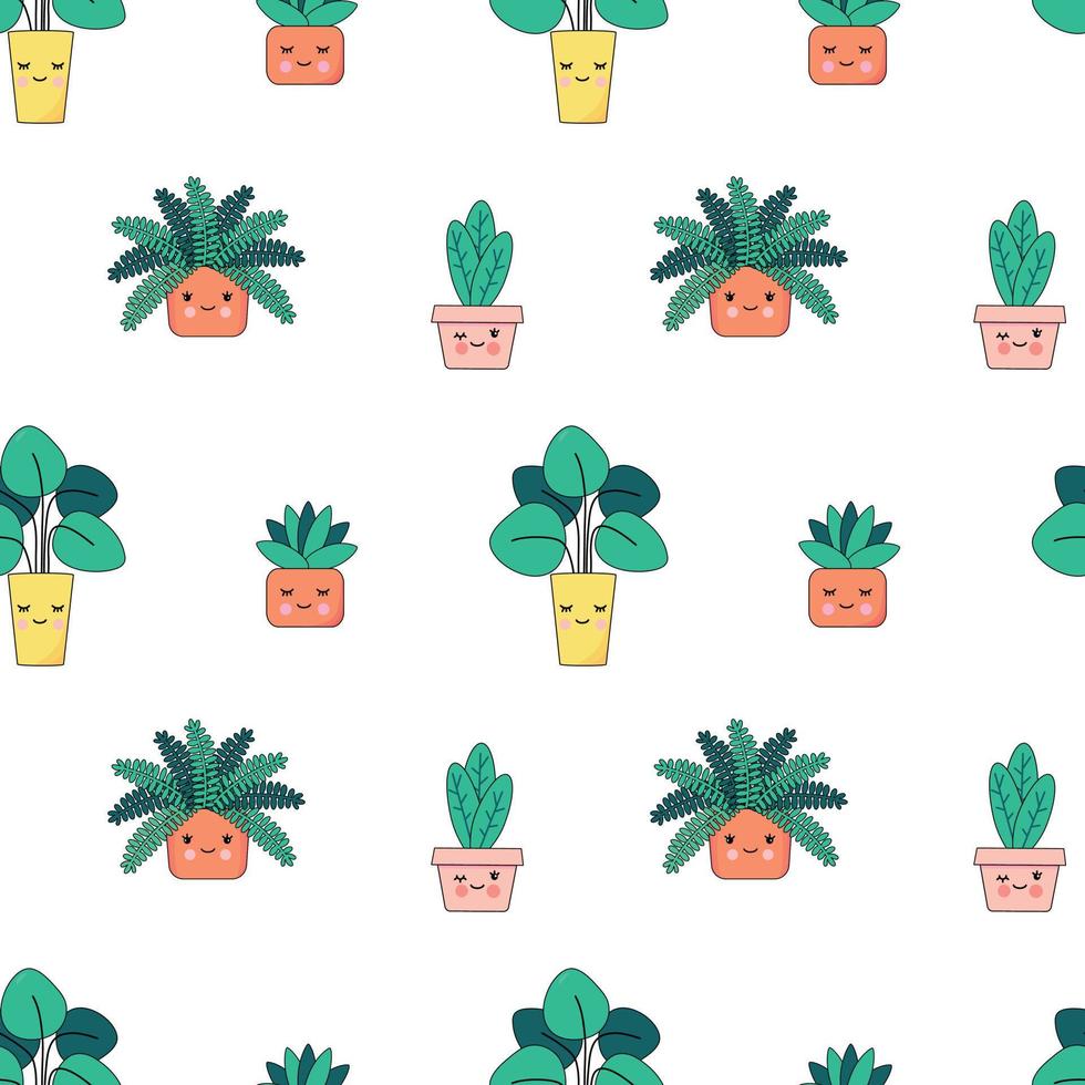 Seamless pattern with cute happy houseplants with faces. Cartoon kawaii cacti in flower pots. Kids flower pattern