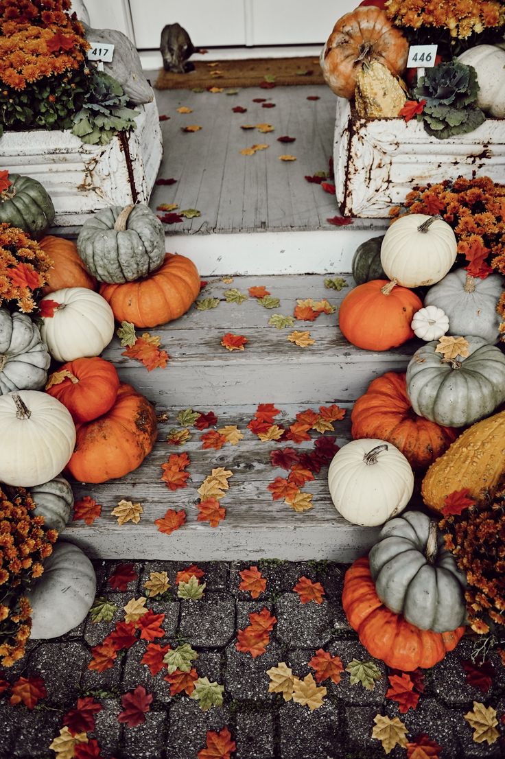 Colorful Farmhouse Fall Porch Steps. Fall porch, Fall front porch decor, Farmhouse fall