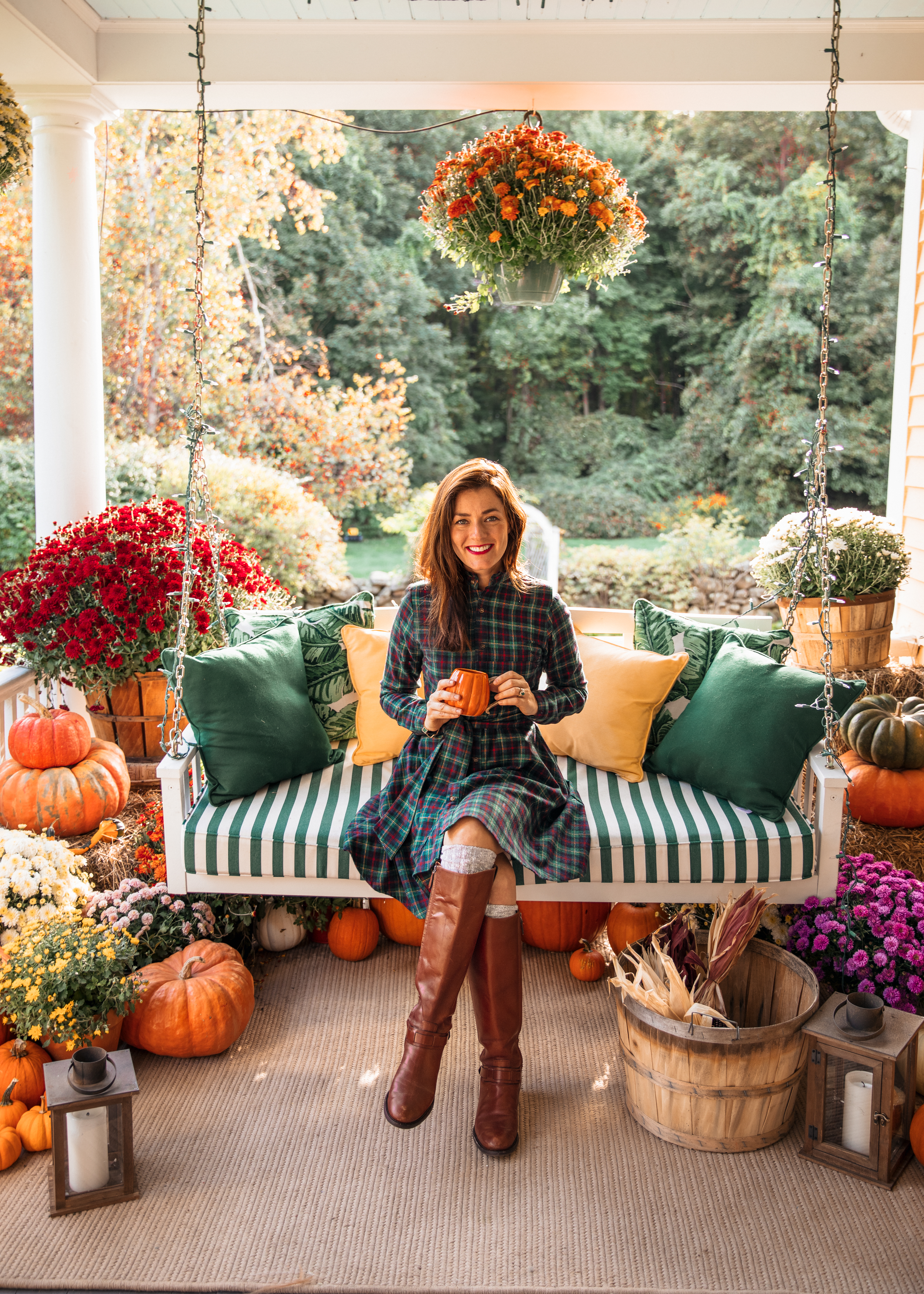 Fall Porch Decorating Girls Wear Pearls