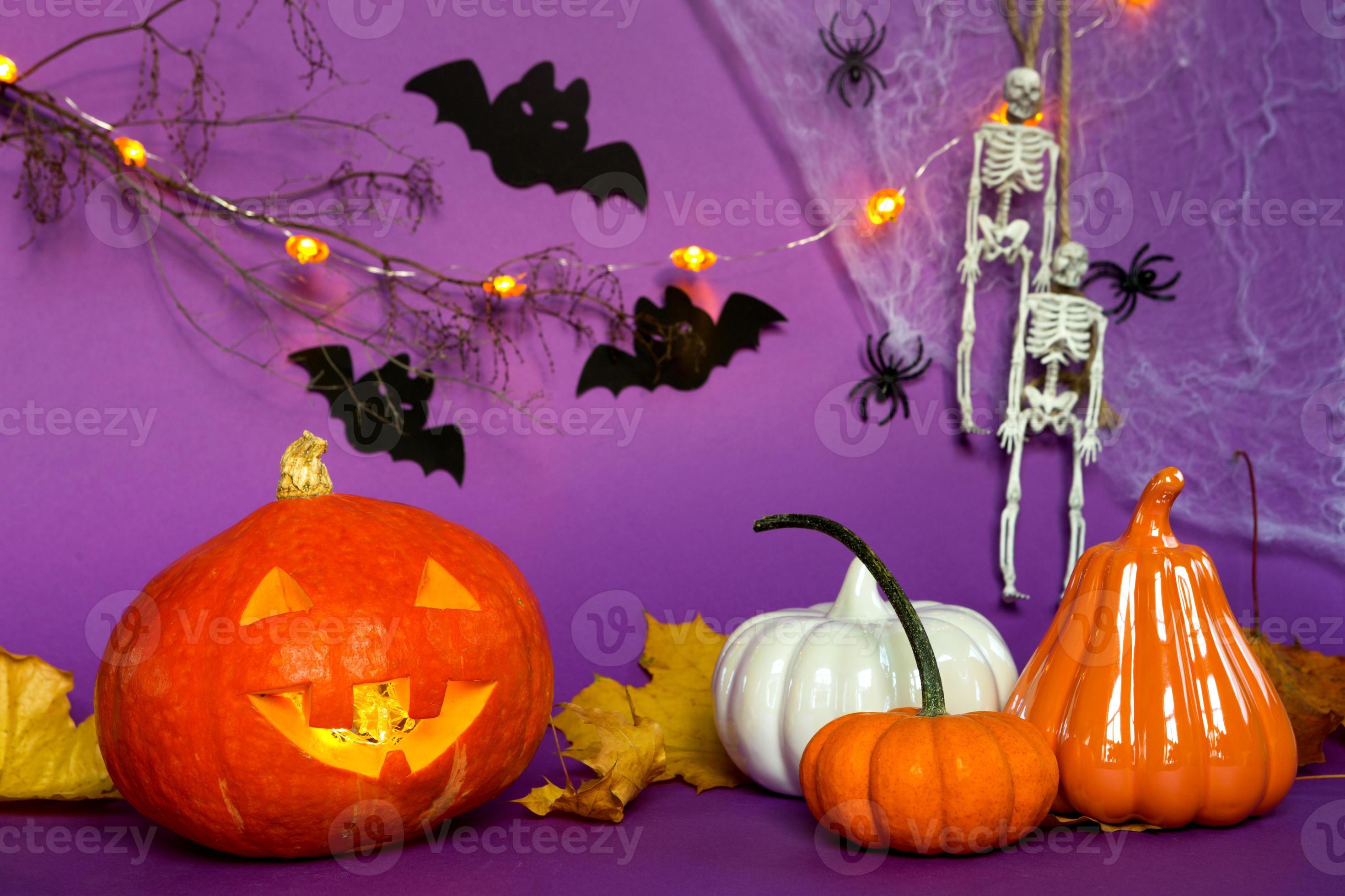 Halloween background of Jack lantern pumpkin, spider web, skeleton on a rope, spiders and black bats on a purple background with terrible scenery. Horror and a scary holiday with copy space 7439969