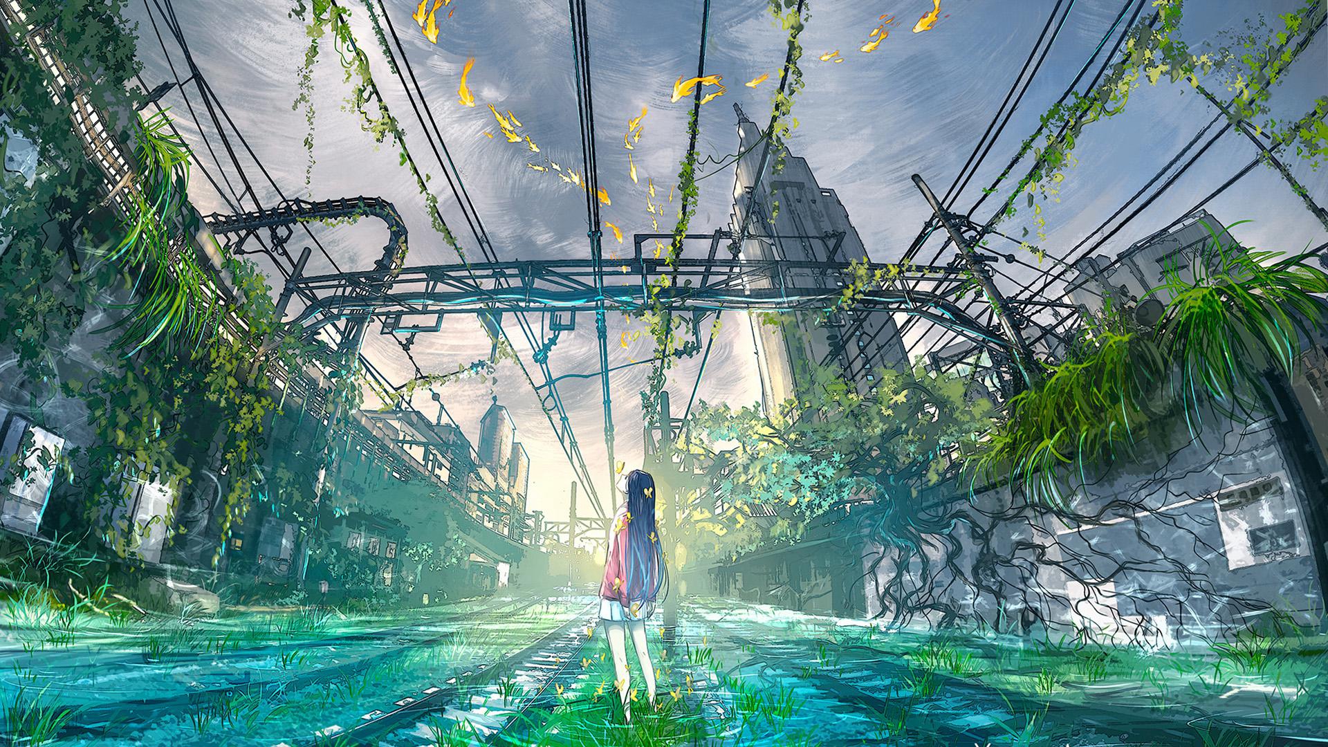 Future Forest City Sky Yuumei Anime Girls Wallpaper:1920x1080