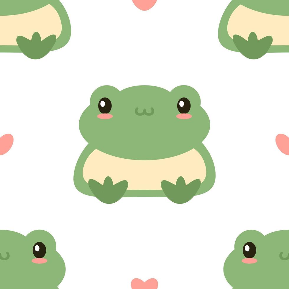 Green cute frog seamless pattern vector illustration. Smiling siting childish toad ornament. Cartoon flat style wallpaper for kids, baby nursery print