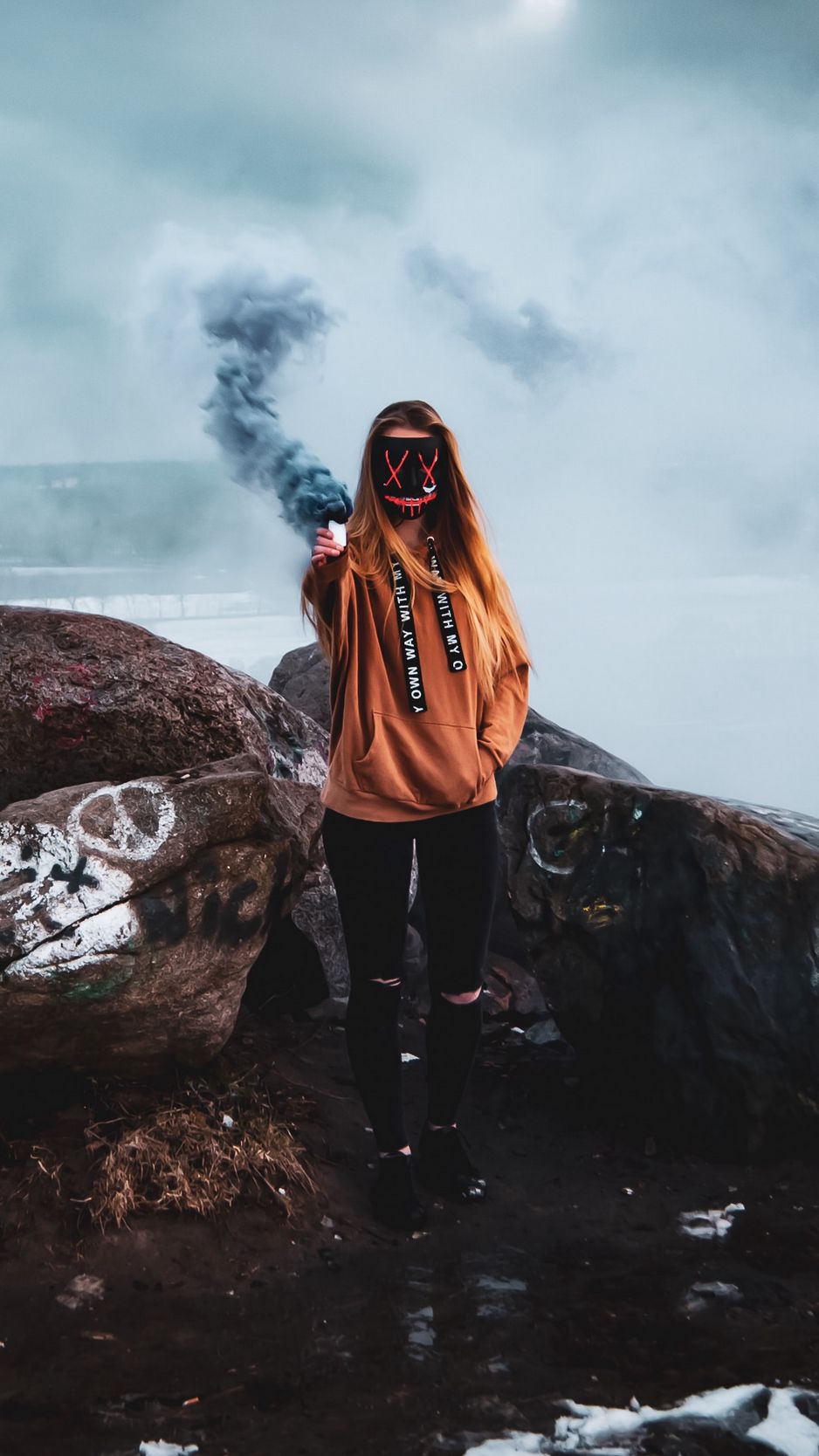 Download Wallpaper 938x1668 Girl, Mask, Smoke, Smoke Bomb, Stones Iphone 8 7 6s 6 For Parallax HD Background