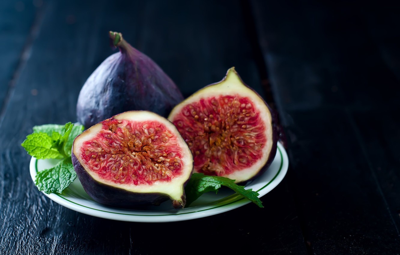 Wallpaper leaves, Board, plate, fruit, mint, figs image for desktop, section еда