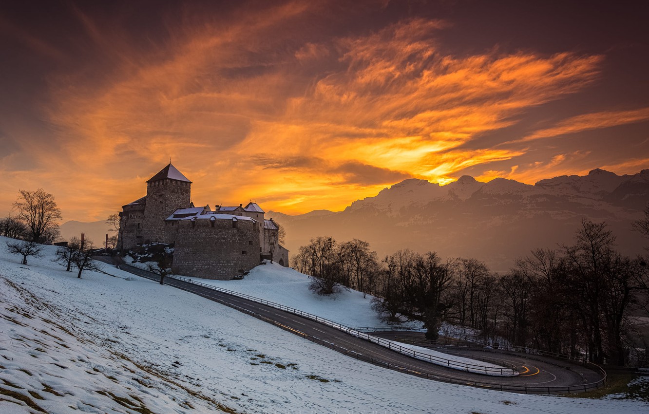 Wallpaper winter, road, snow, landscape, sunset, mountains, castle, Alps, Liechtenstein, Vaduz image for desktop, section пейзажи