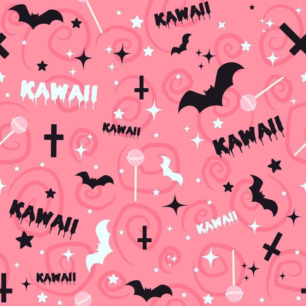 Pastel goth background with bats, lollipops, crosses and stars. Seamless kawaii pink pattern with spooky Halloween elements and creepy doodles