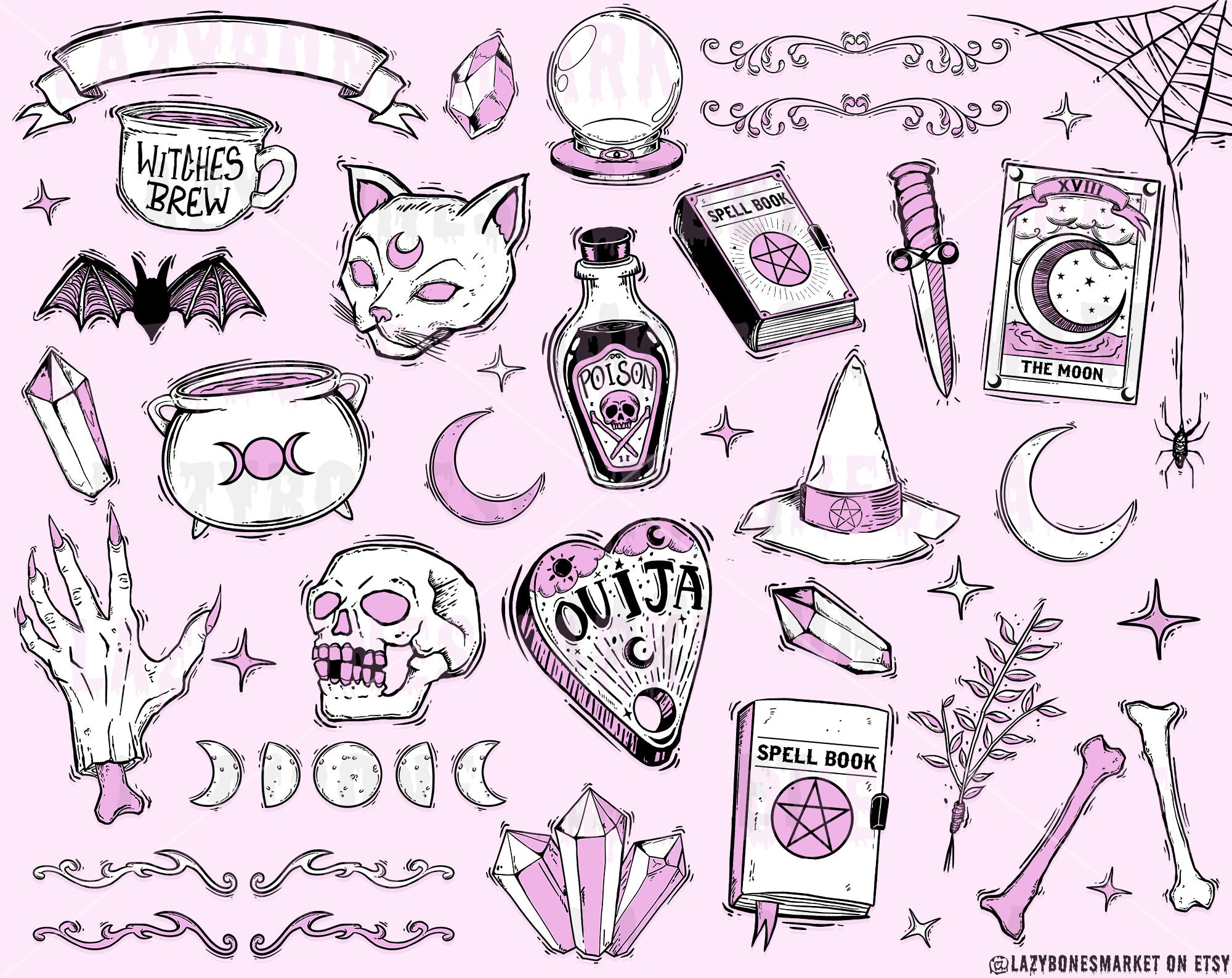 Witchy Illustration Pack Witch Clipart Pastel Goth Witch