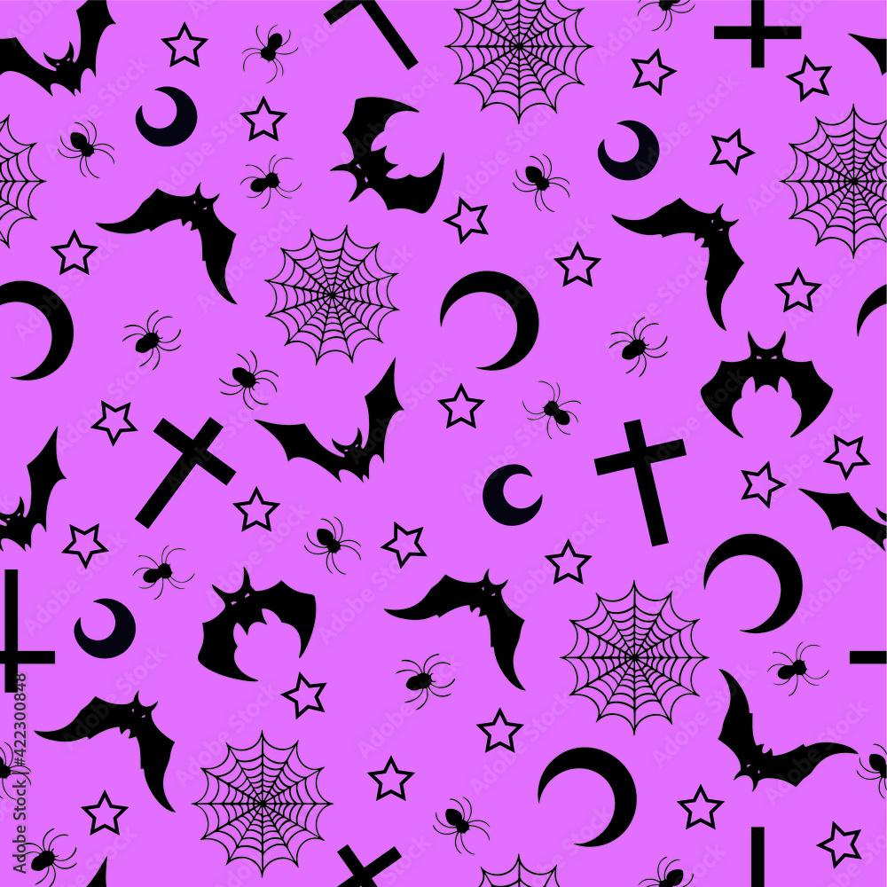 Pastel goth background with bats, crosses and stars. Seamless kawaii pink pattern with spooky Halloween elements and creepy doodles. Stock Vector