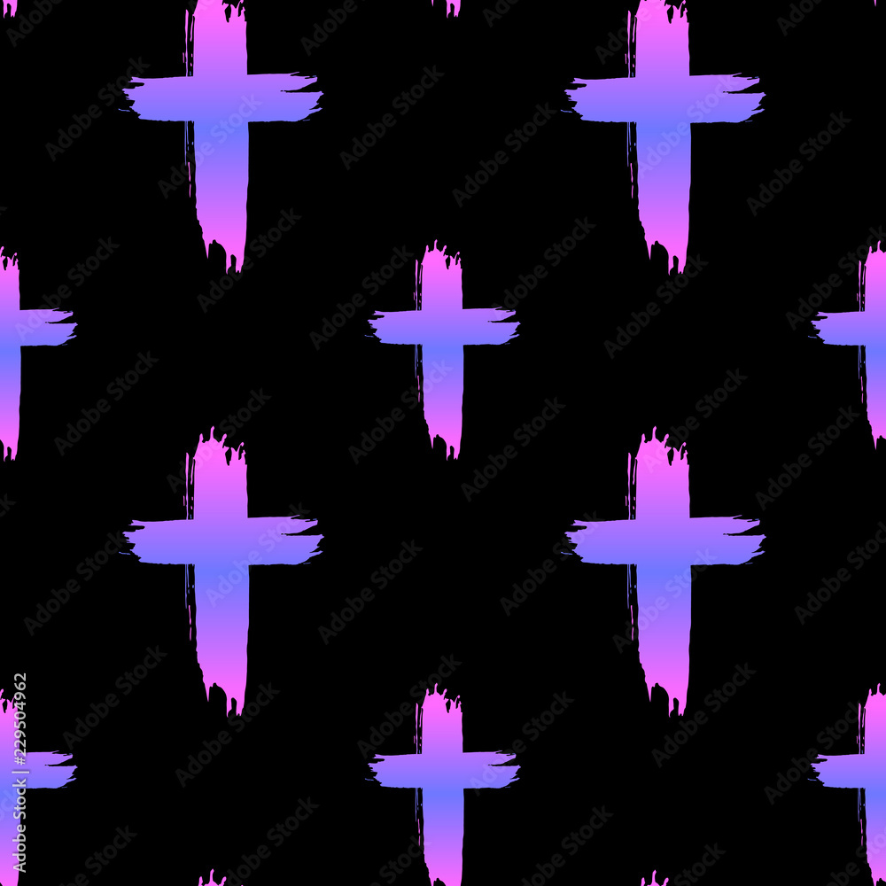 Seamless pattern with crosses on black background. Halloween wallpaper. Cute kawaii pastel goth style. Stock Vector