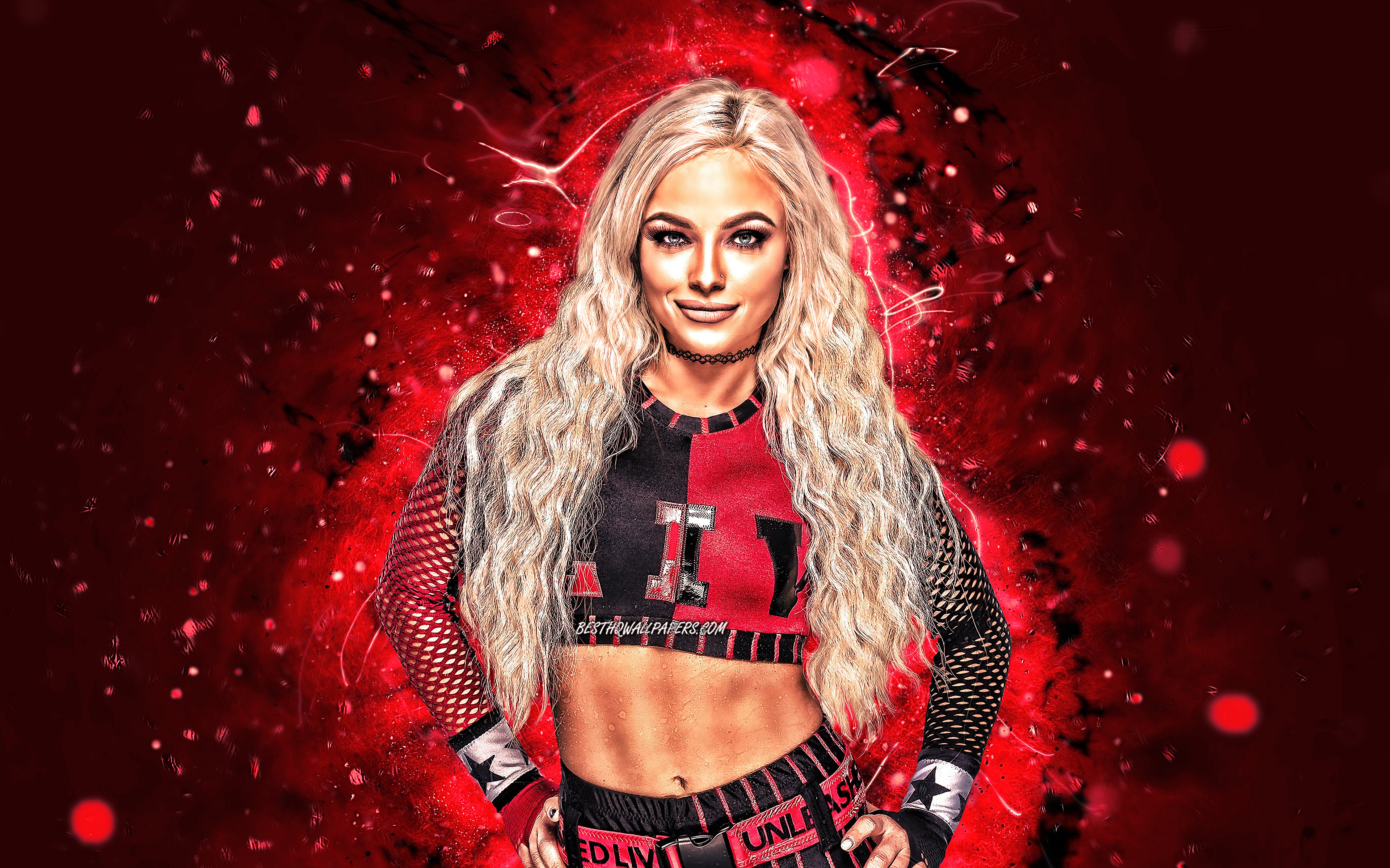 Download wallpaper 4k, Liv Morgan, WWE, american wrestlers, wrestling, Victoria Crawford, red neon lights, Gionna Jene Daddio, female wrestlers, wrestlers, Liv Morgan 4K for desktop with resolution 3840x2400. High Quality HD picture